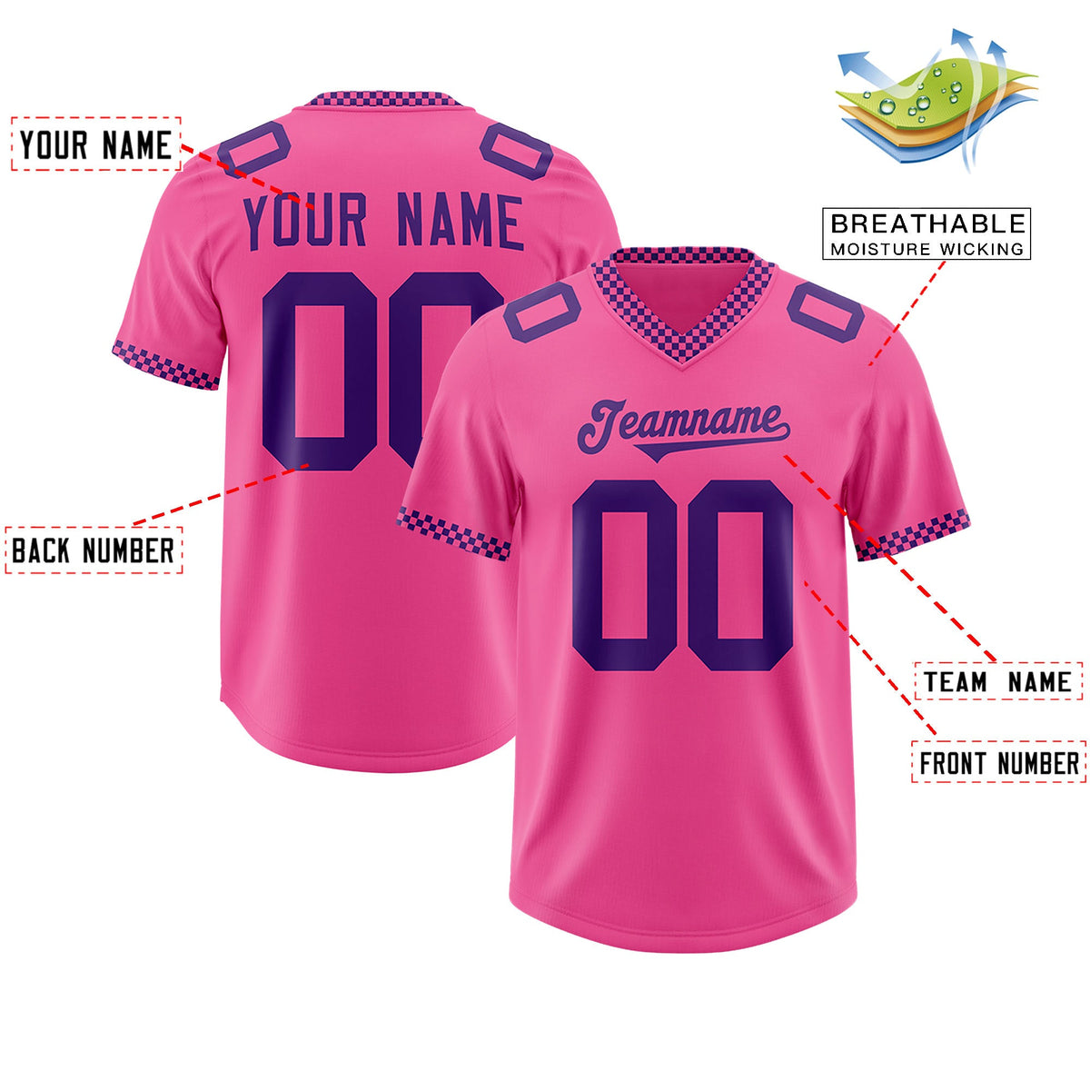 Custom Pink Purple Personalized Neckline Square Classic Authentic Football Jersey