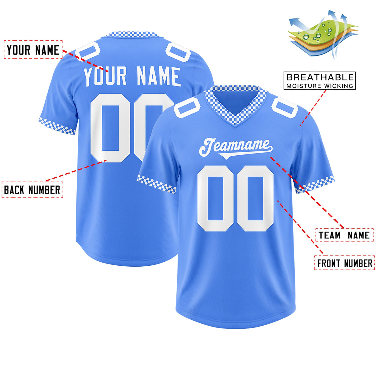 Custom Powder Blue White Personalized Neckline Square Classic Authentic Football Jersey