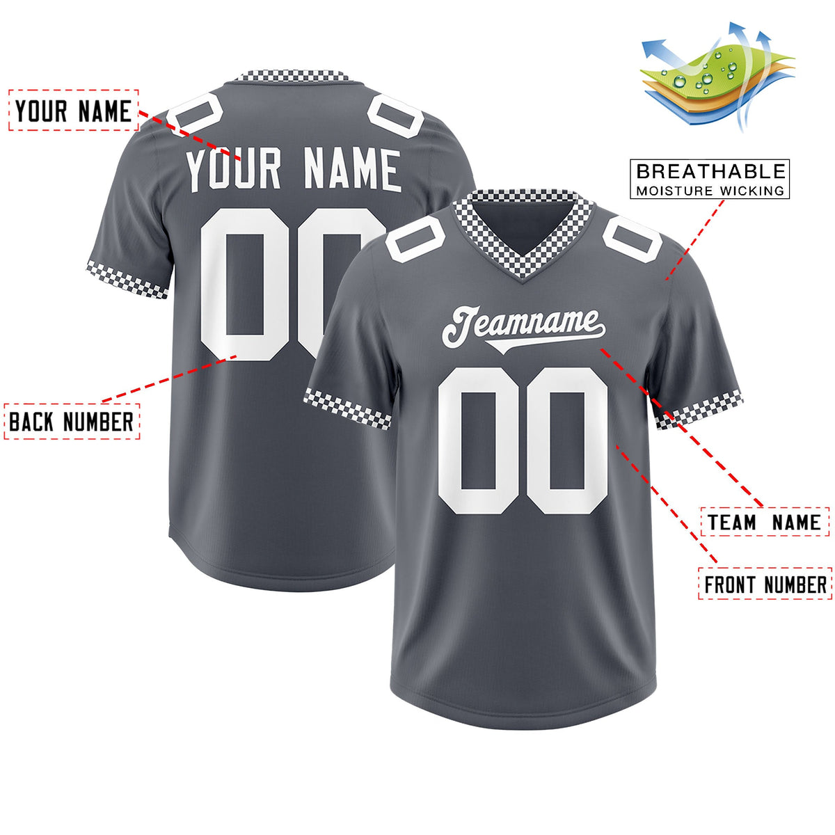 Custom Dark Gray White Personalized Neckline Square Classic Authentic Football Jersey