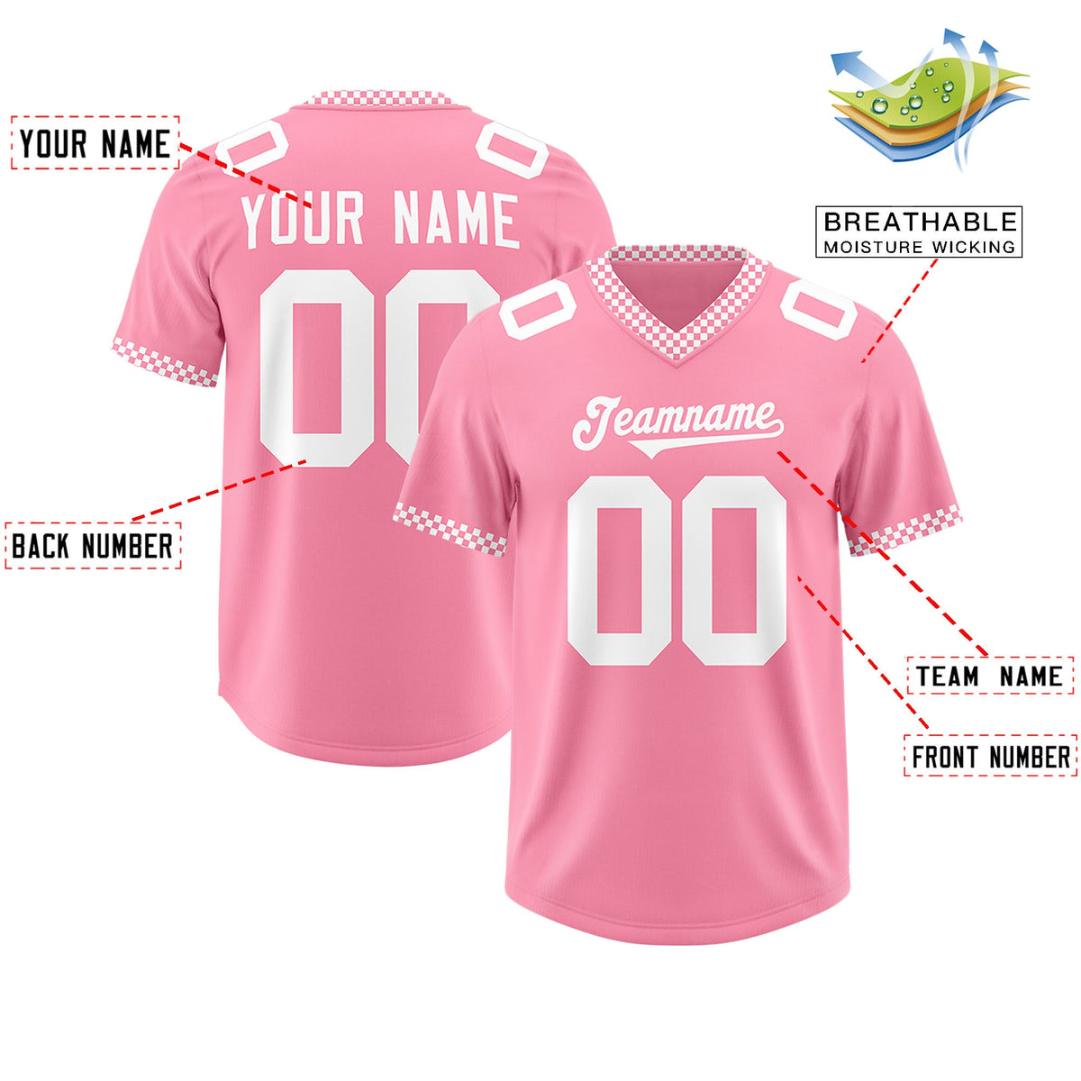 Custom Light Pink White Personalized Neckline Square Classic Authentic Football Jersey