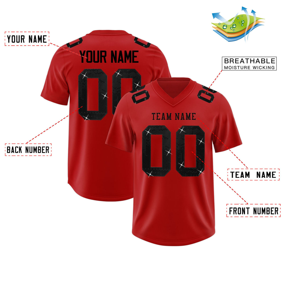 Custom Red Black sequin lettering Stretch Fabric Football Jersey| KXKSHOP