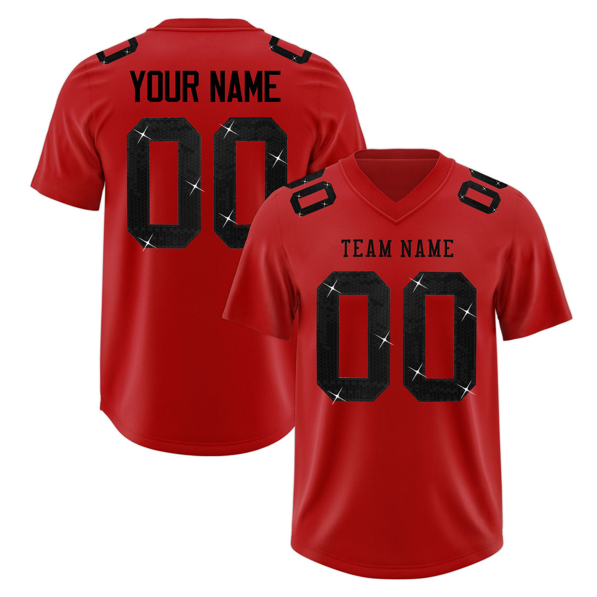Custom Red Black sequin lettering Stretch Fabric Football Jersey| KXKSHOP