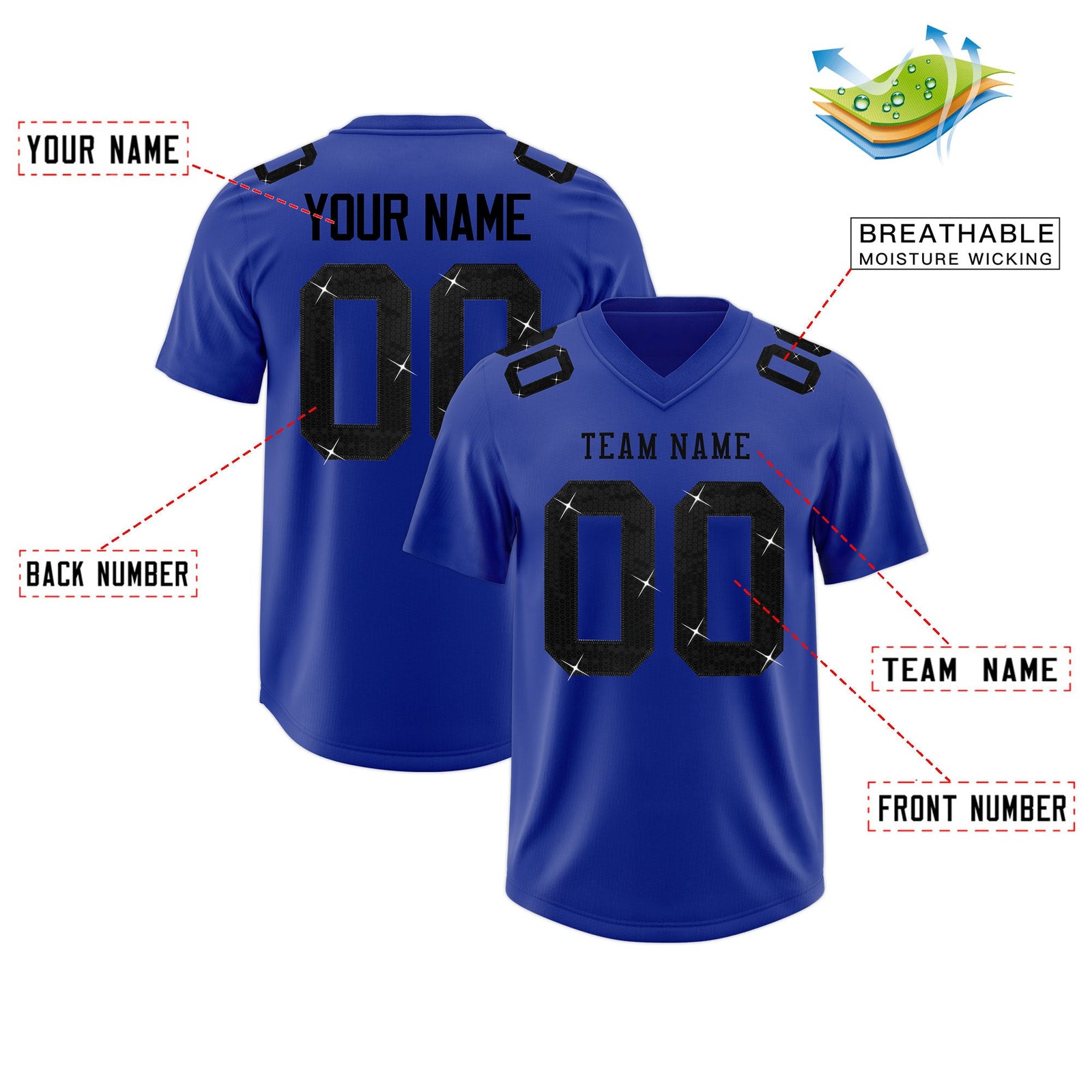Custom Royal Blue Black sequin lettering Moisture-Wicking Football Jersey| KXKSHOP