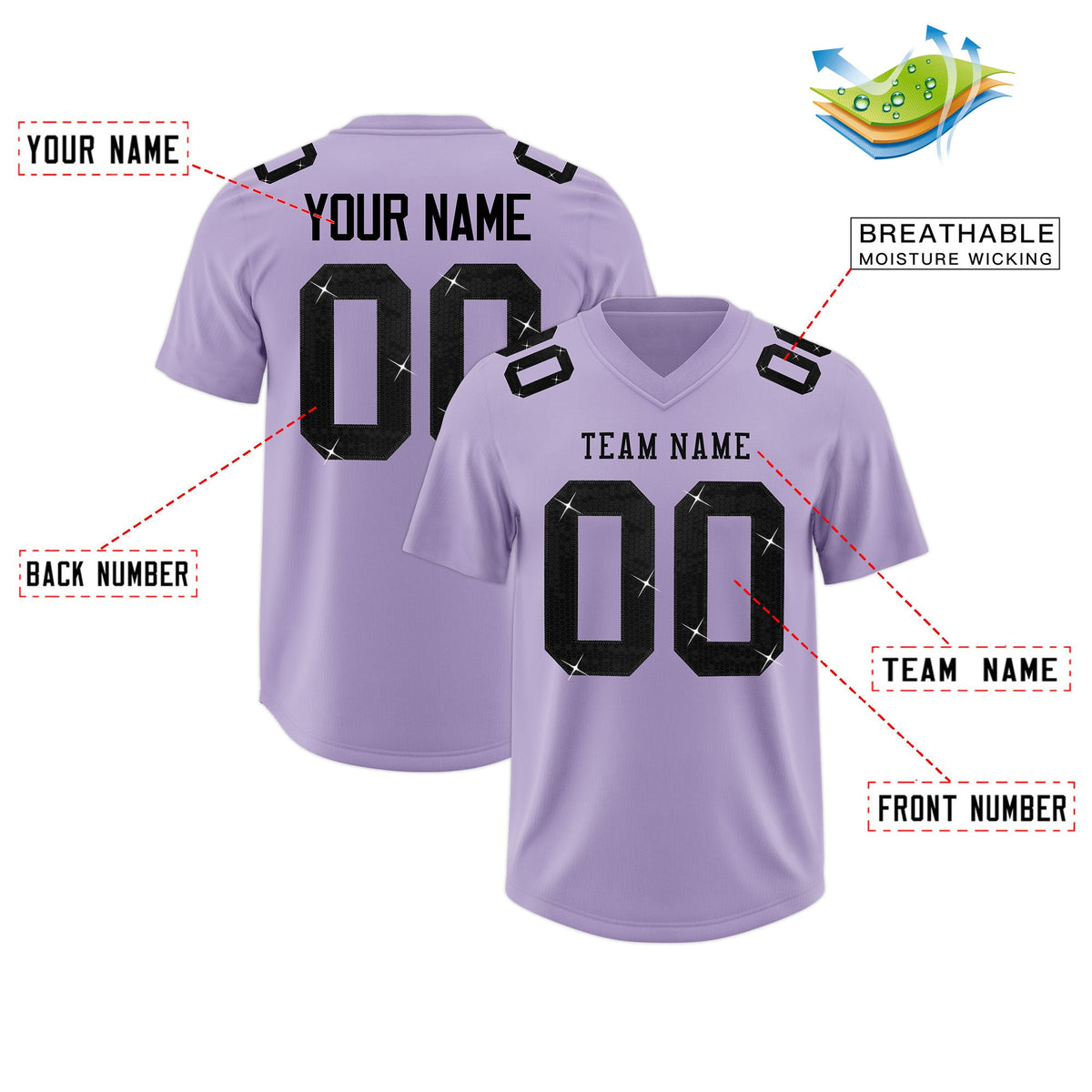Custom Light Purple Black sequin lettering Moisture-Wicking Football Jersey| KXKSHOP