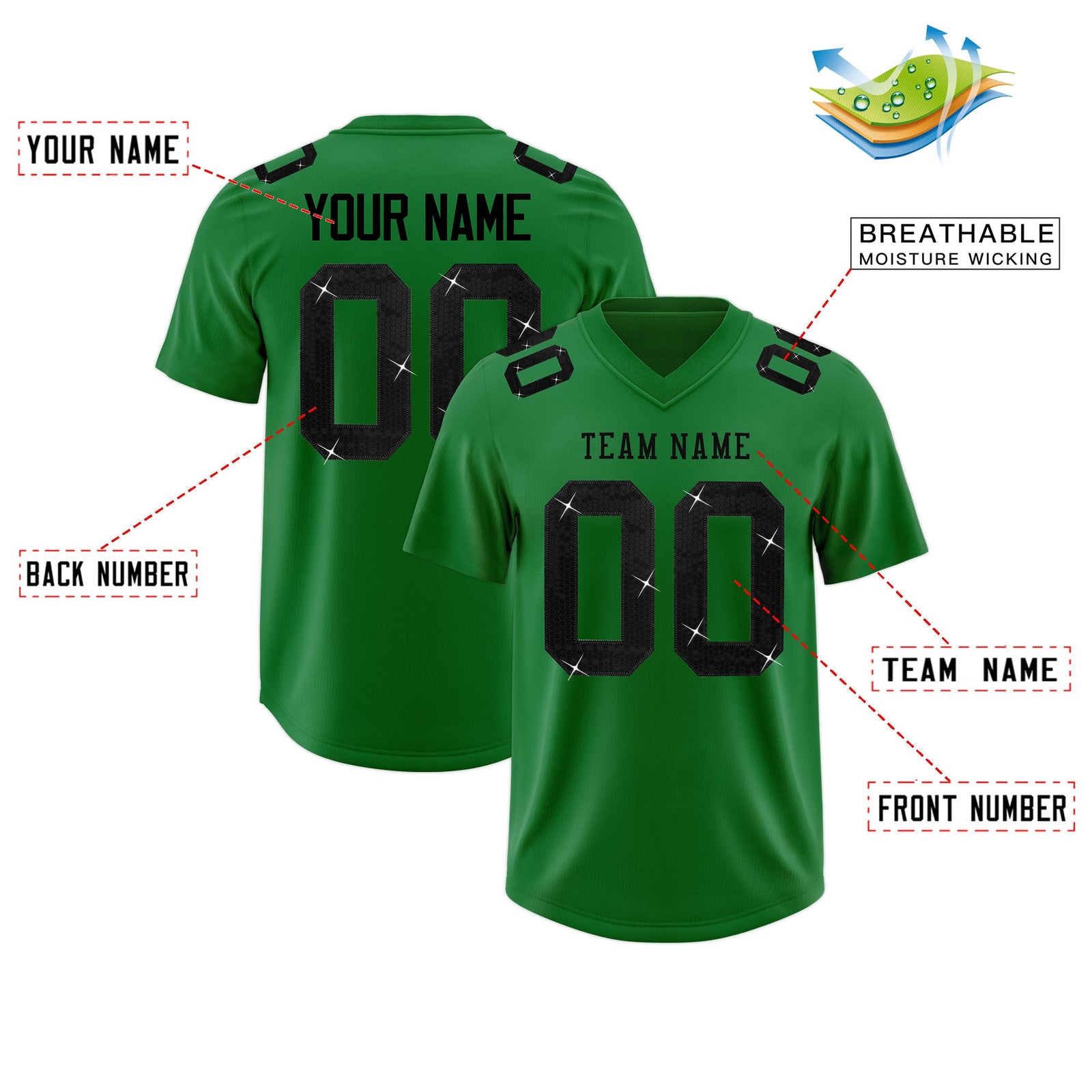 Custom Kelly Green Black sequin lettering Breathable Football Jersey| KXKSHOP