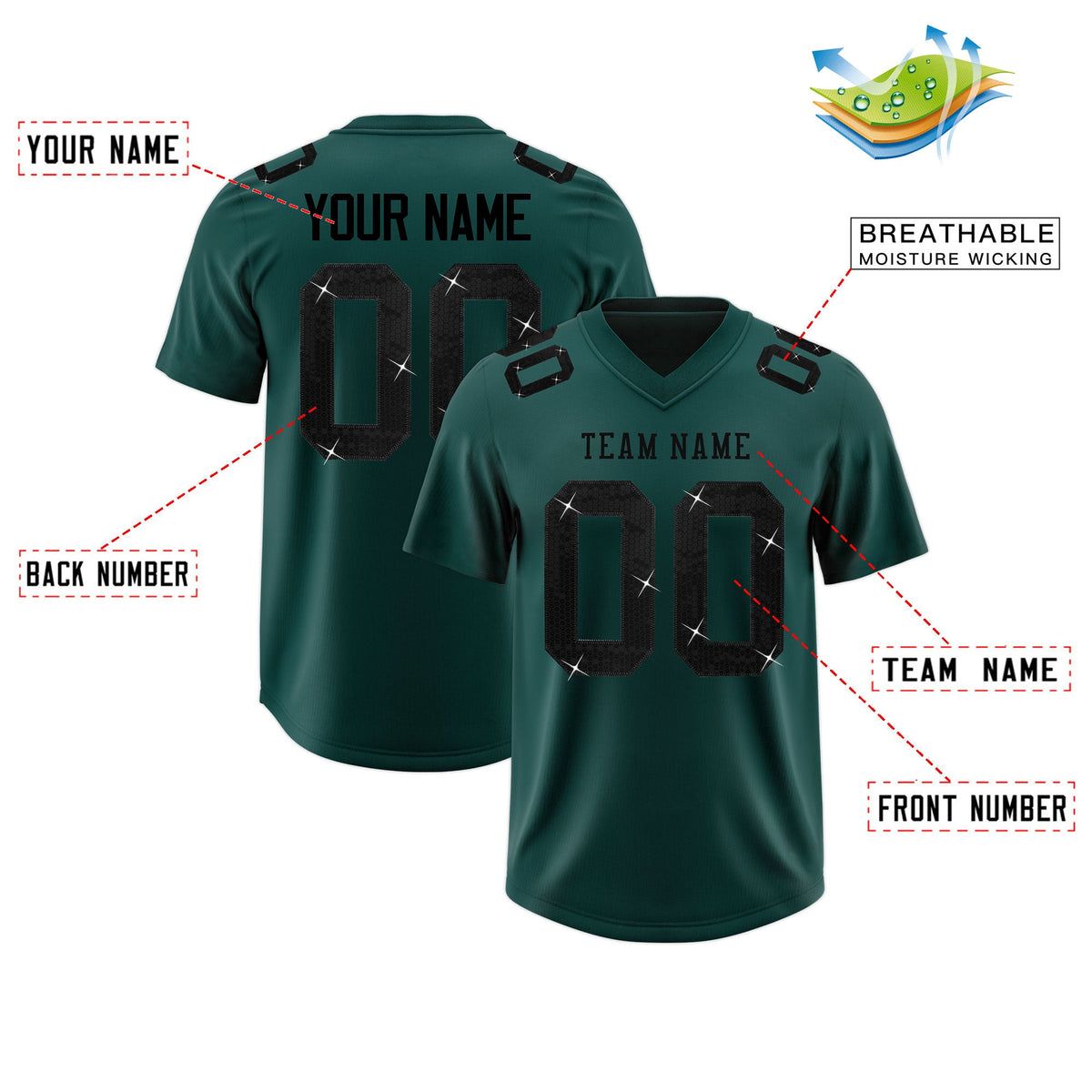 Custom Midnight Green Black sequin lettering Stretch Fabric Football Jersey| KXKSHOP