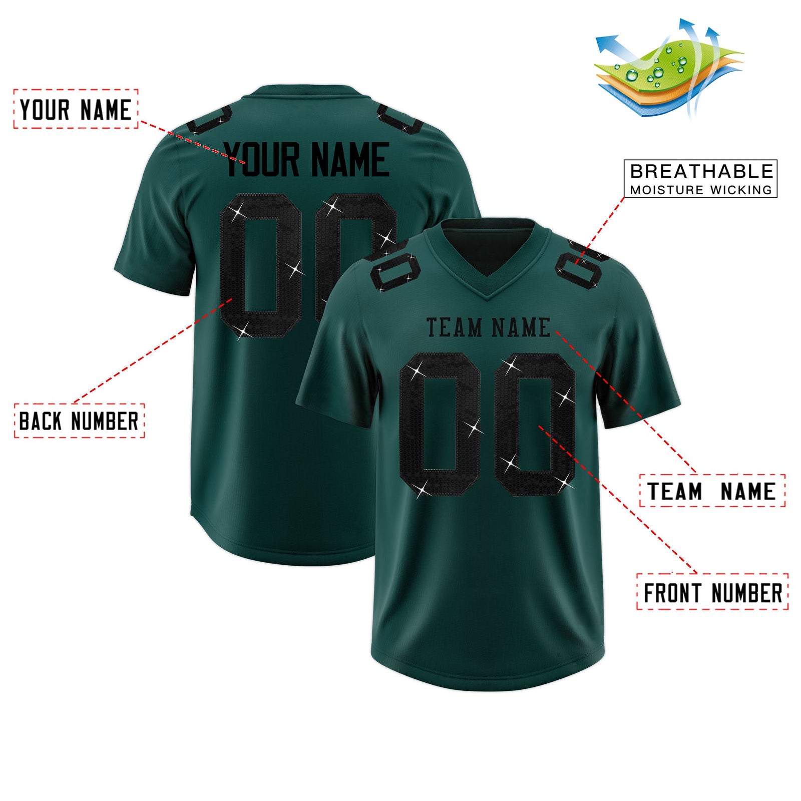 Custom Midnight Green Black sequin lettering Stretch Fabric Football Jersey| KXKSHOP
