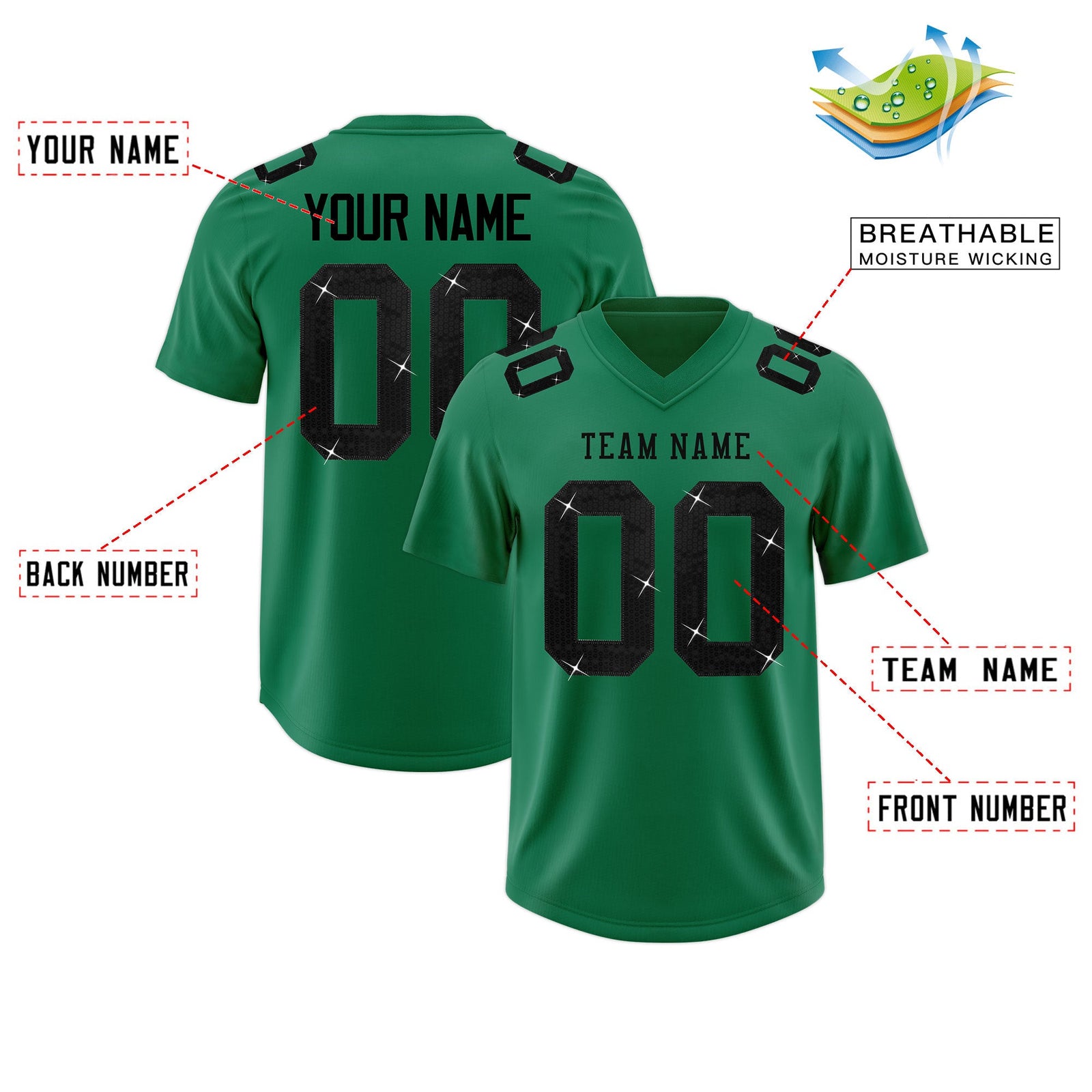 Custom Kelly Green Black sequin lettering Moisture-Wicking Football Jersey| KXKSHOP