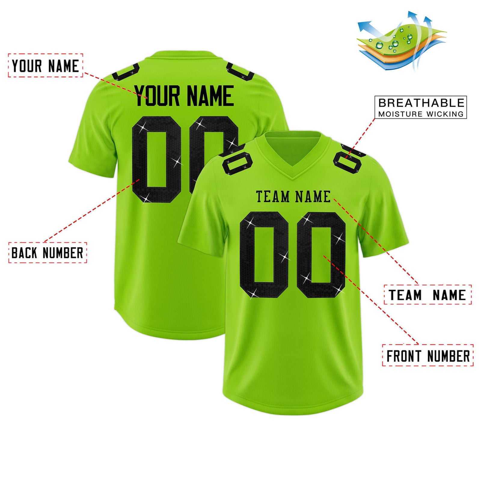 Custom Neon Green Black sequin lettering Breathable Football Jersey| KXKSHOP