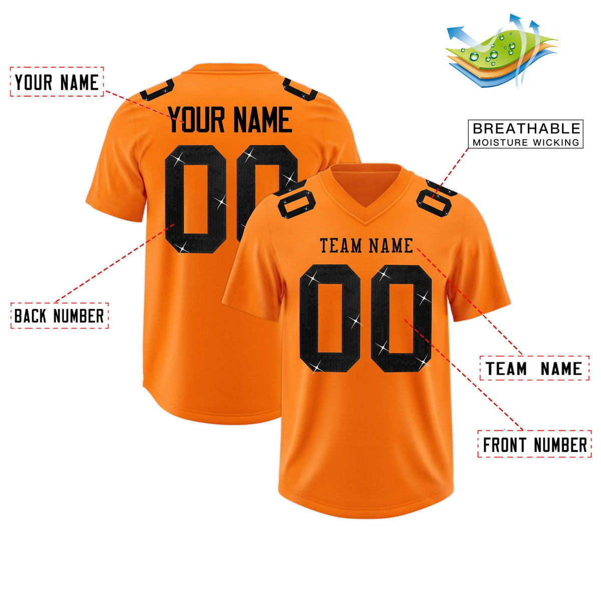 Custom Orange Black sequin lettering Stretch Fabric Football Jersey| KXKSHOP