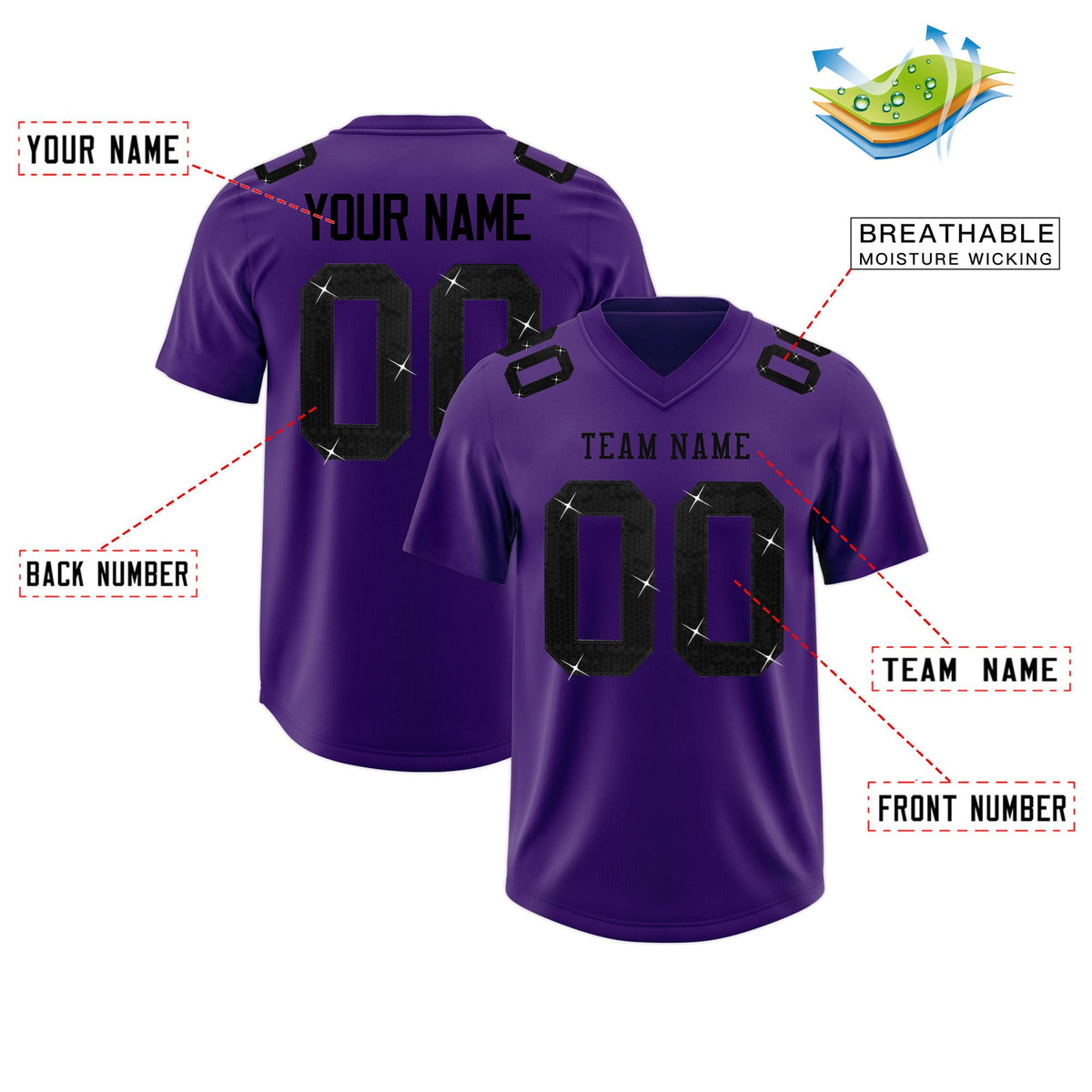 Custom Purple Black sequin lettering Breathable Football Jersey| KXKSHOP