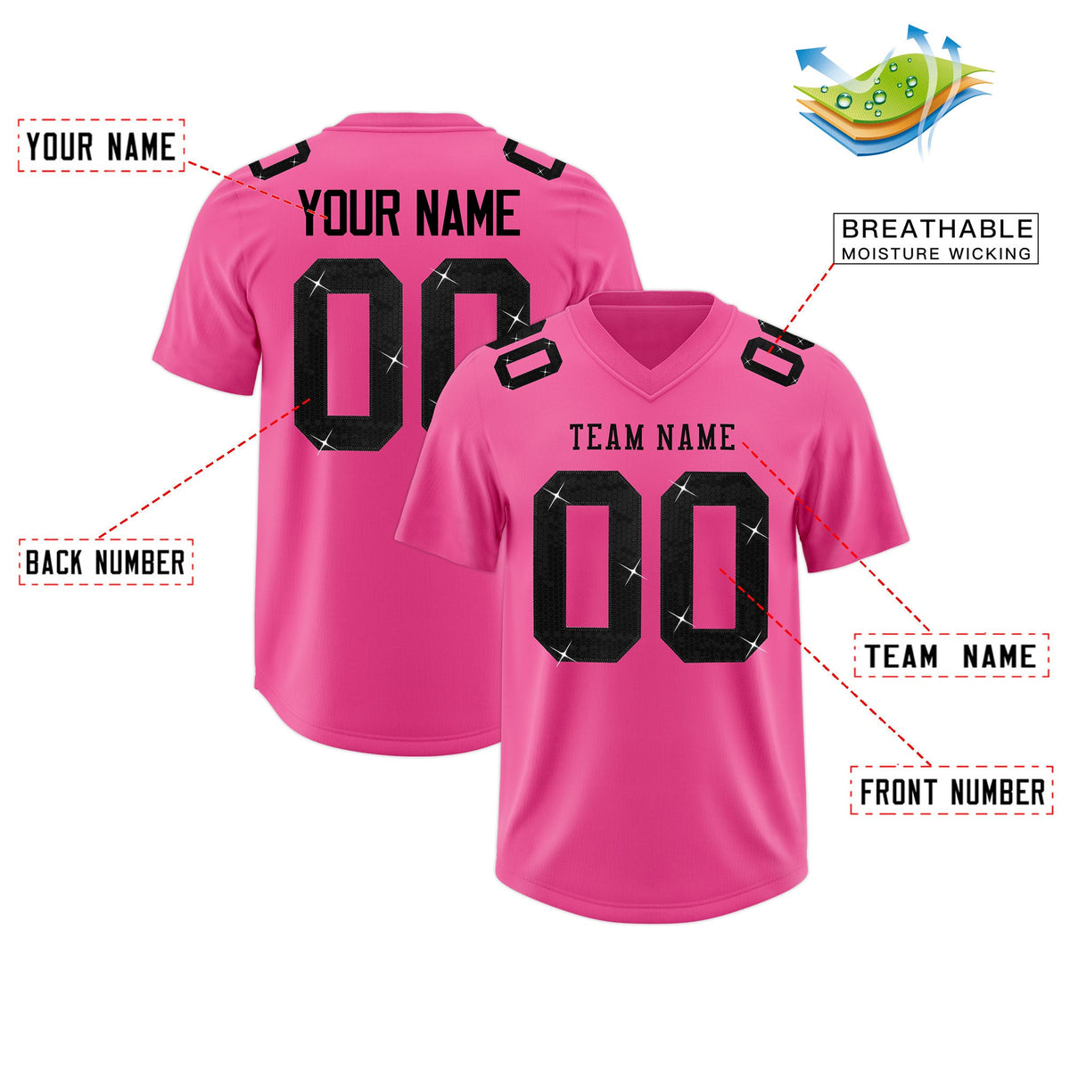 Custom Pink Black sequin lettering Stretch Fabric Football Jersey| KXKSHOP
