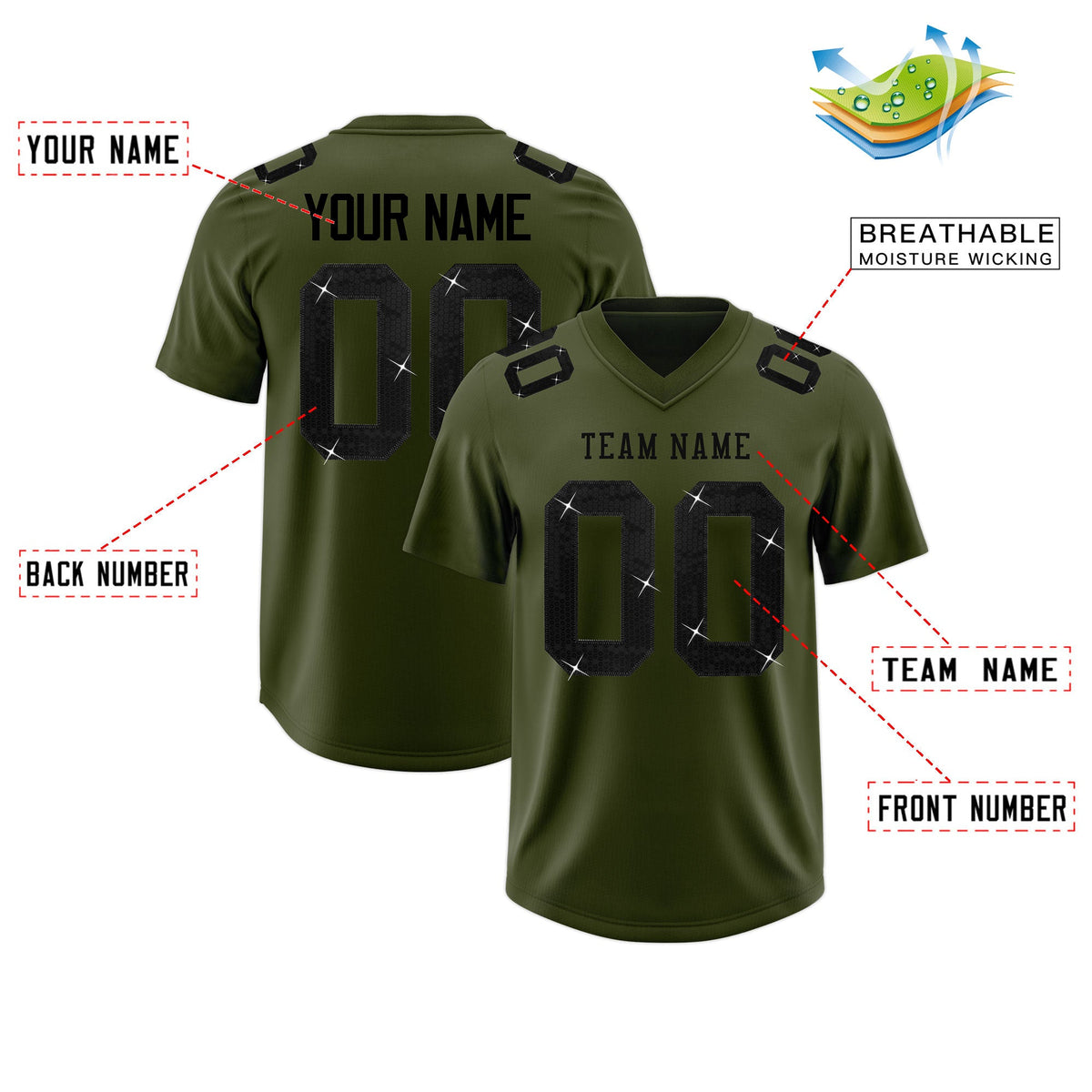 Custom Olive Black sequin lettering Moisture-Wicking Football Jersey| KXKSHOP