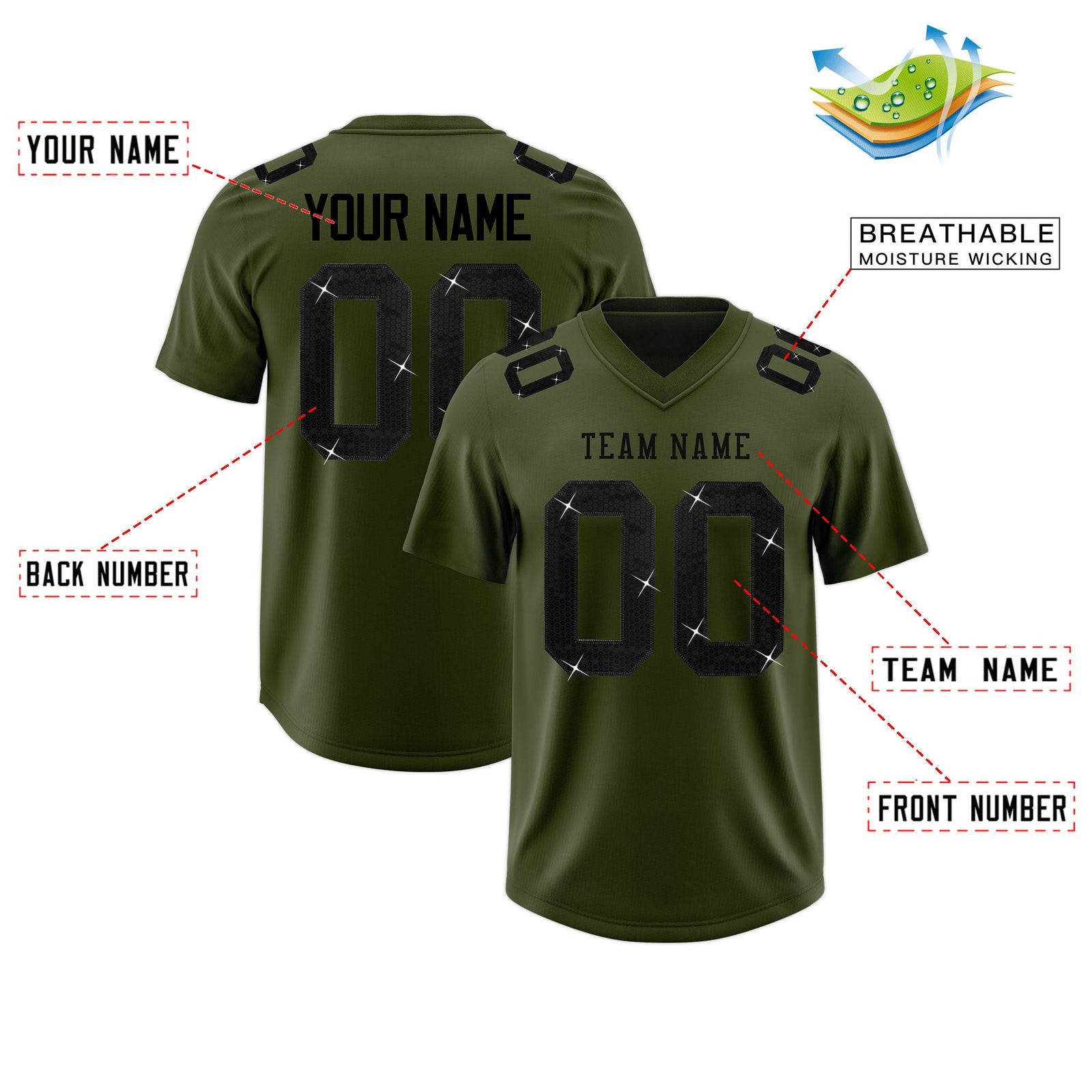 Custom Olive Black sequin lettering Moisture-Wicking Football Jersey| KXKSHOP
