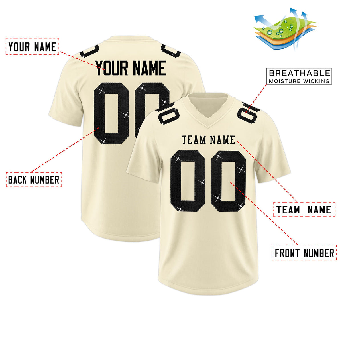 Custom Cream Black sequin lettering Breathable Football Jersey| KXKSHOP