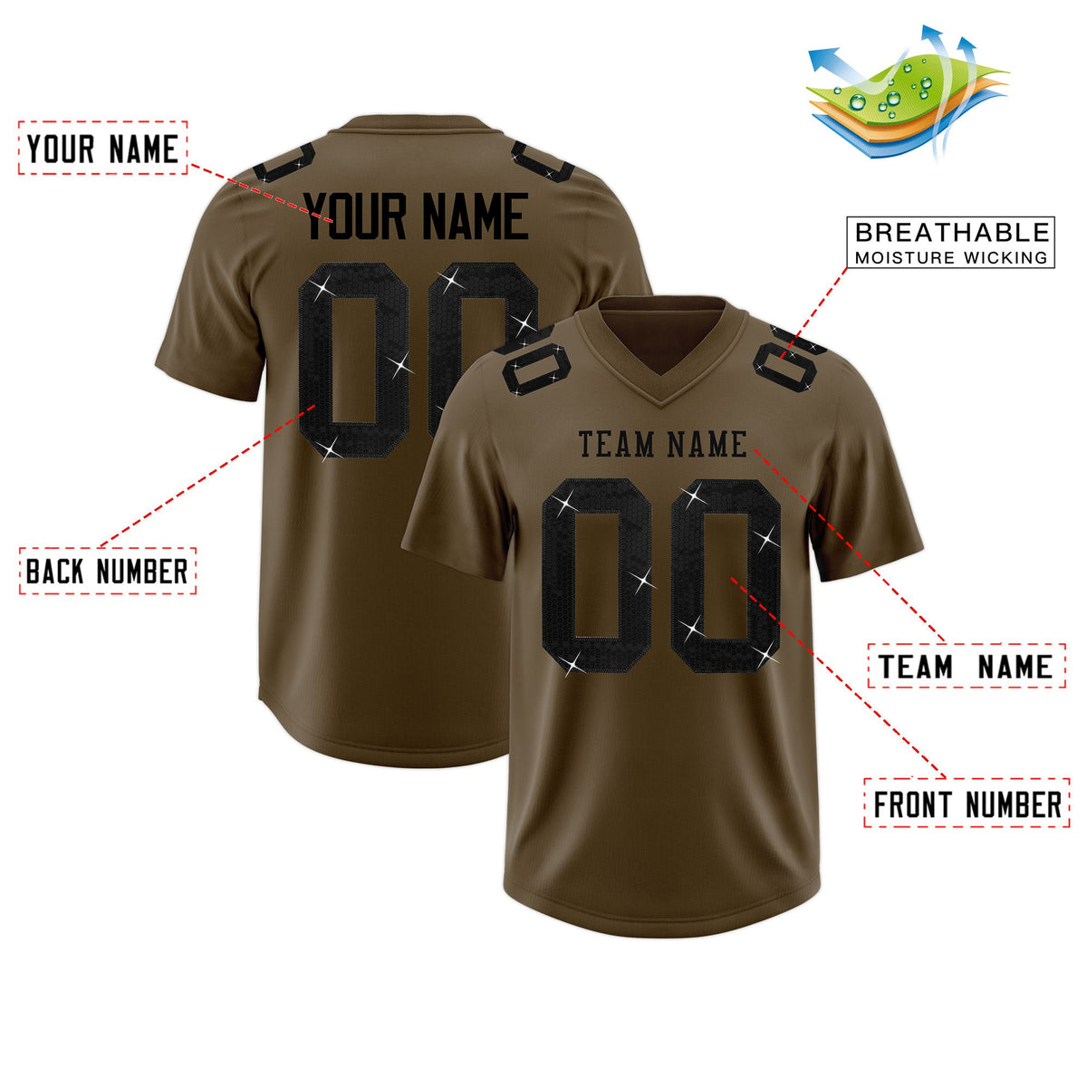Custom Light Brown Black sequin lettering Stretch Fabric Football Jersey| KXKSHOP