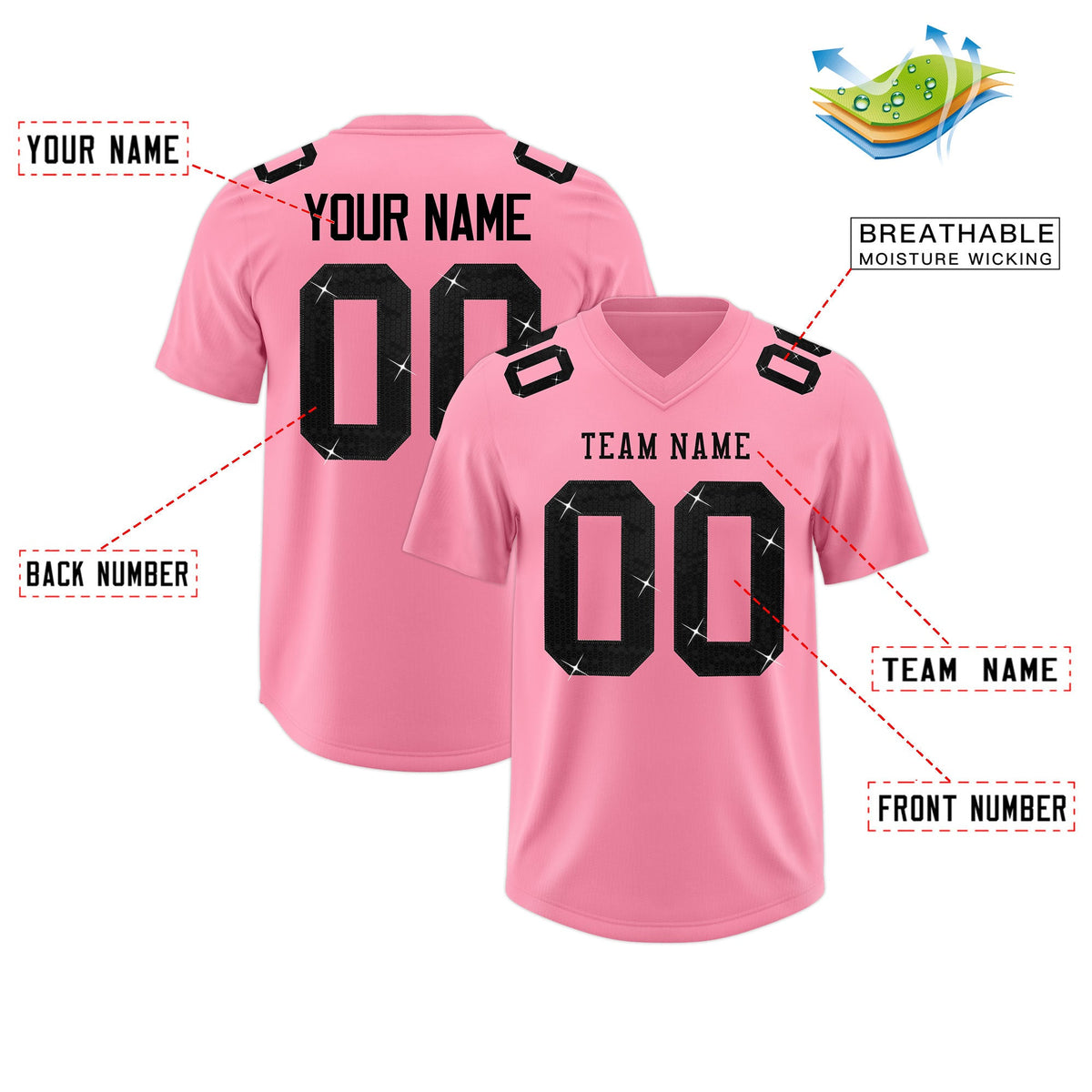 Custom Light Pink Black sequin lettering Breathable Football Jersey| KXKSHOP