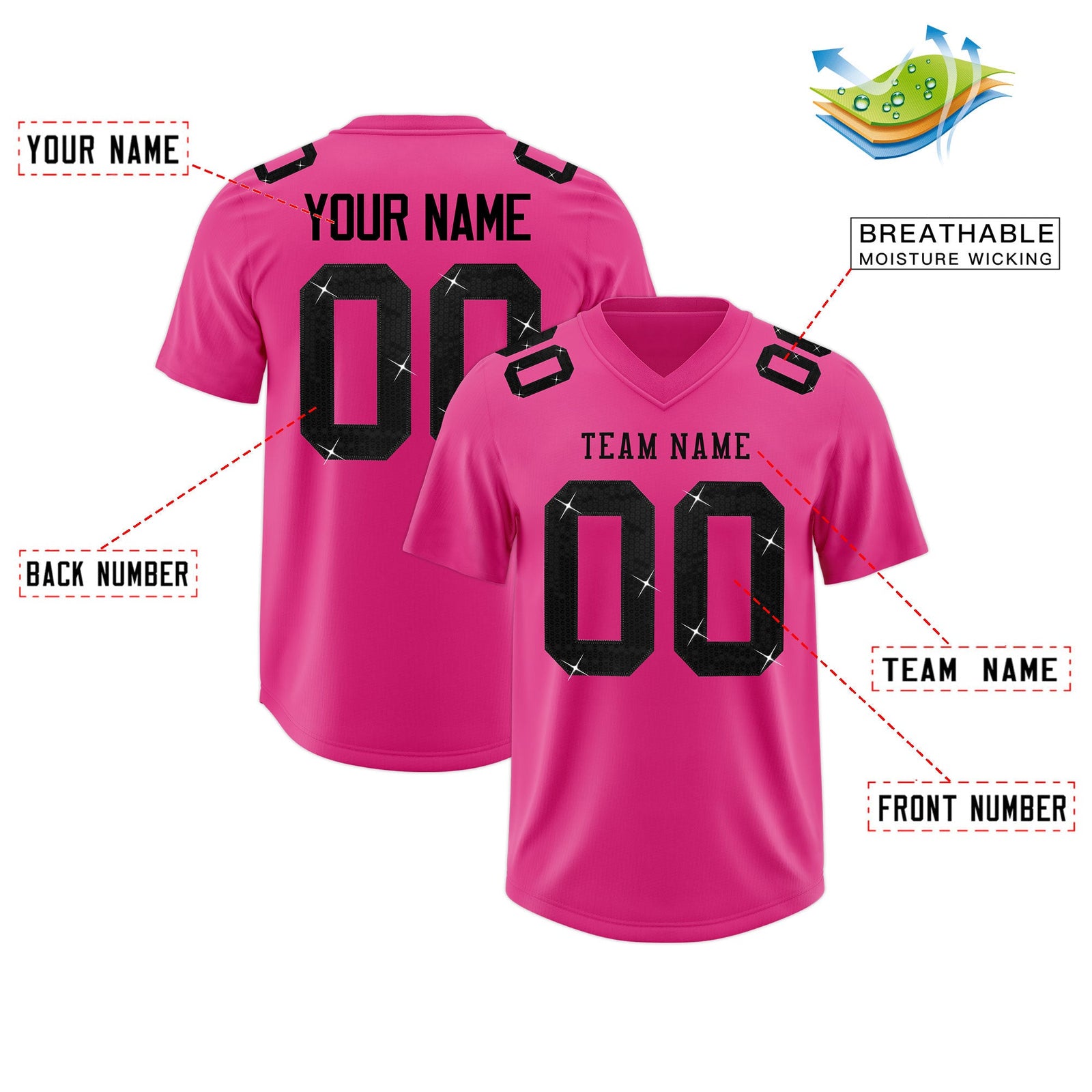 Custom Rose Red Black sequin lettering Breathable Football Jersey| KXKSHOP