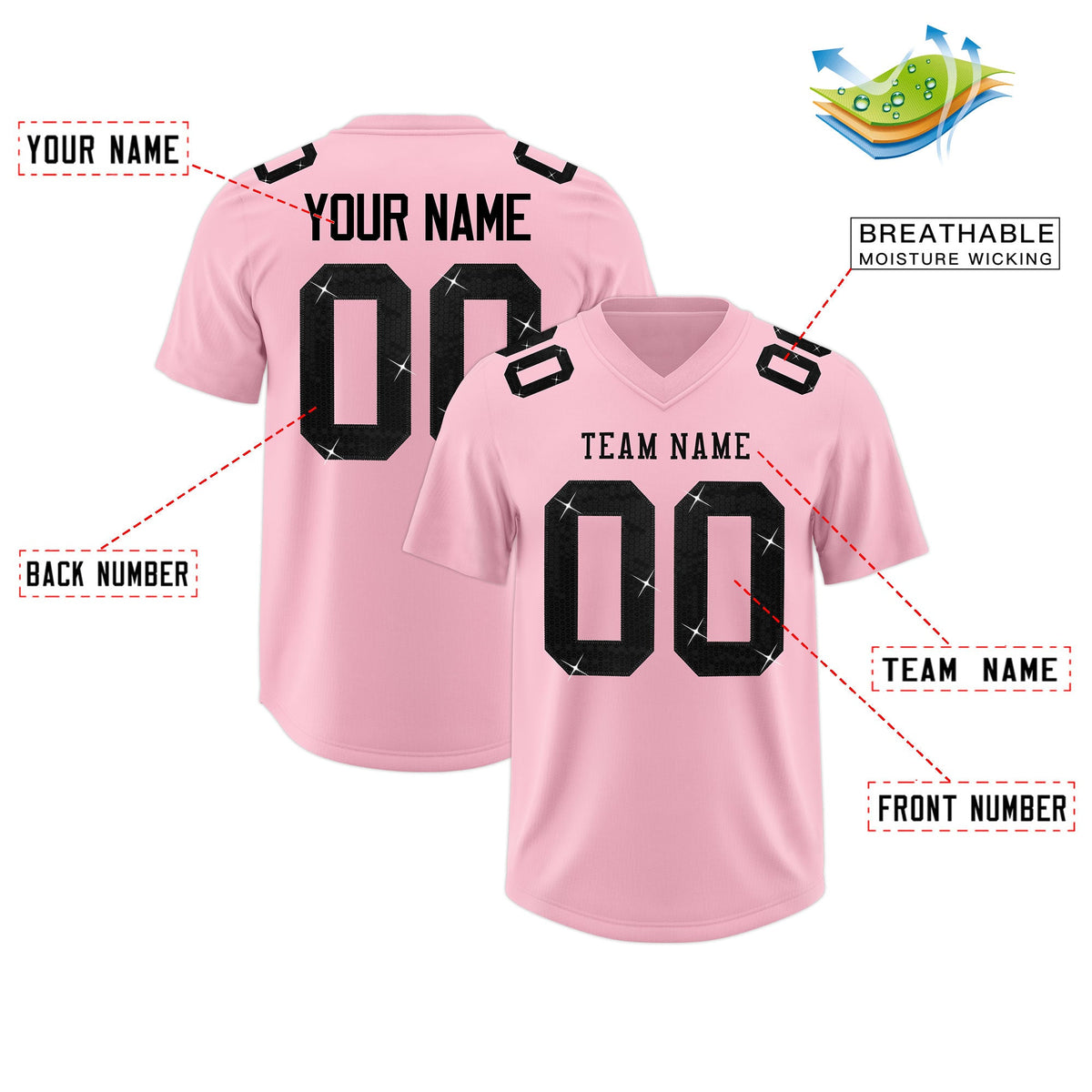 Custom Light Pink Black sequin lettering Stretch Fabric Football Jersey| KXKSHOP