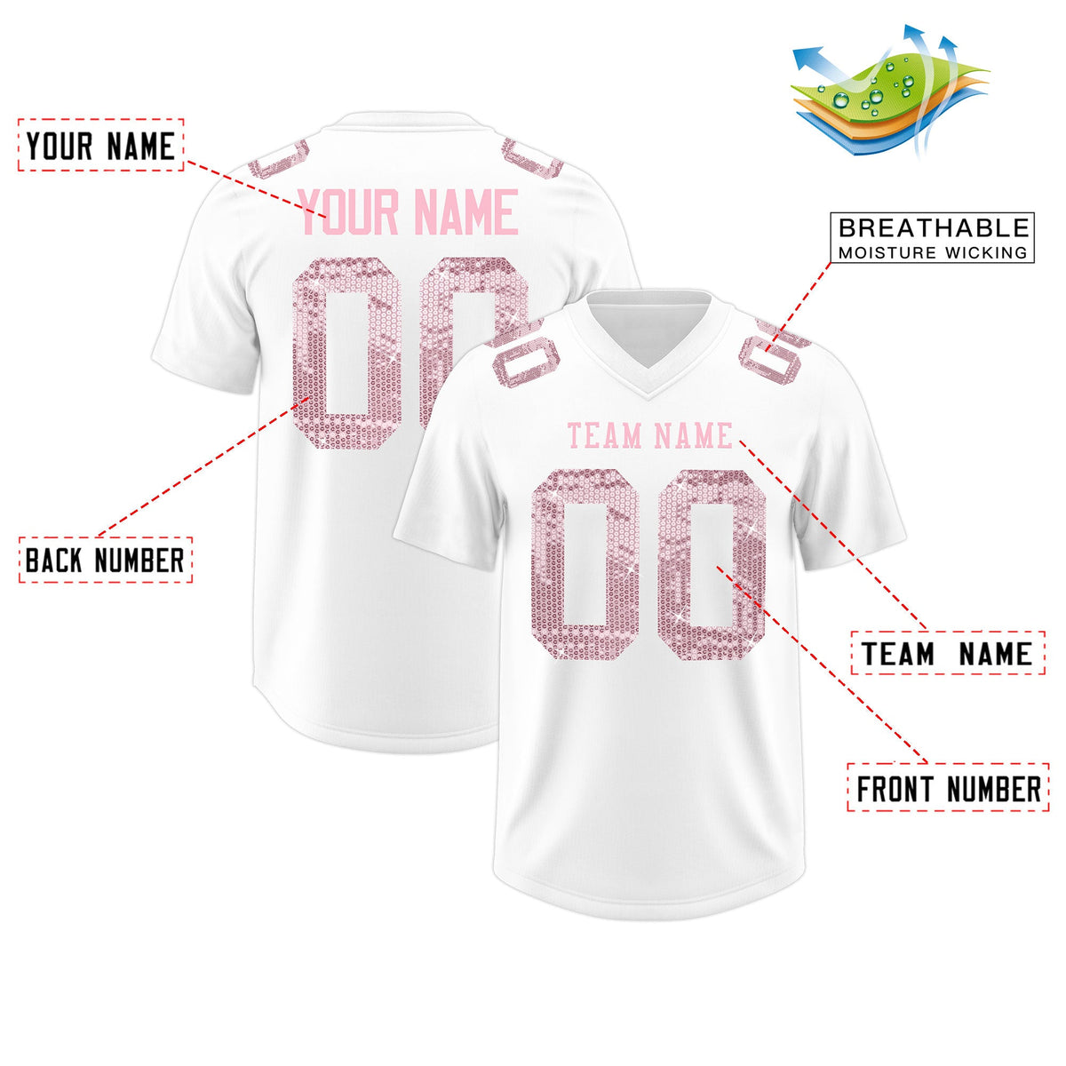 Custom White Light Pink sequin lettering Moisture-Wicking Football Jersey| KXKSHOP