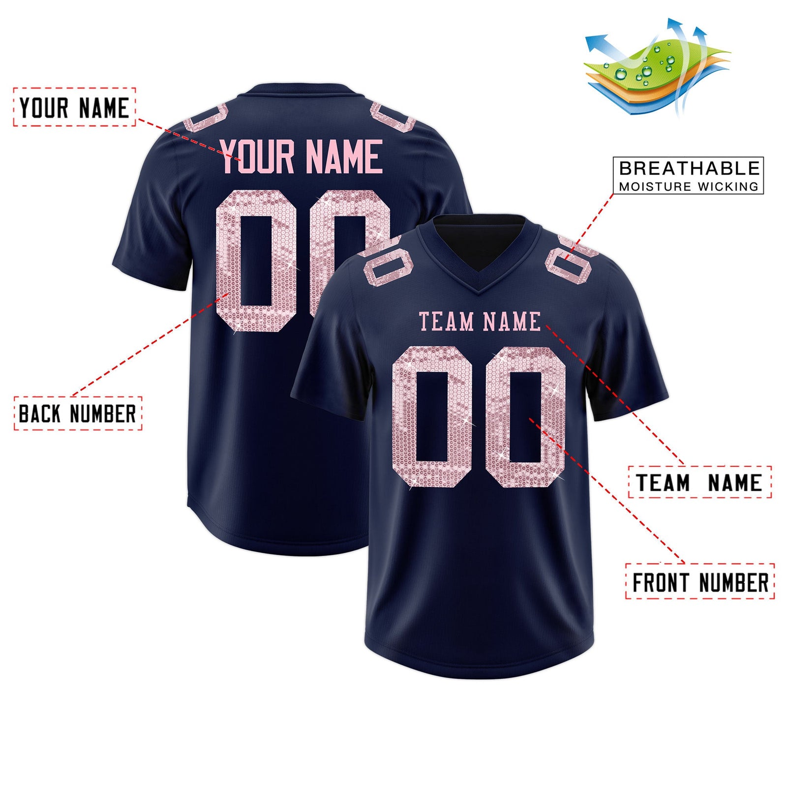 Custom Navy Light Pink sequin lettering Moisture-Wicking Football Jersey| KXKSHOP