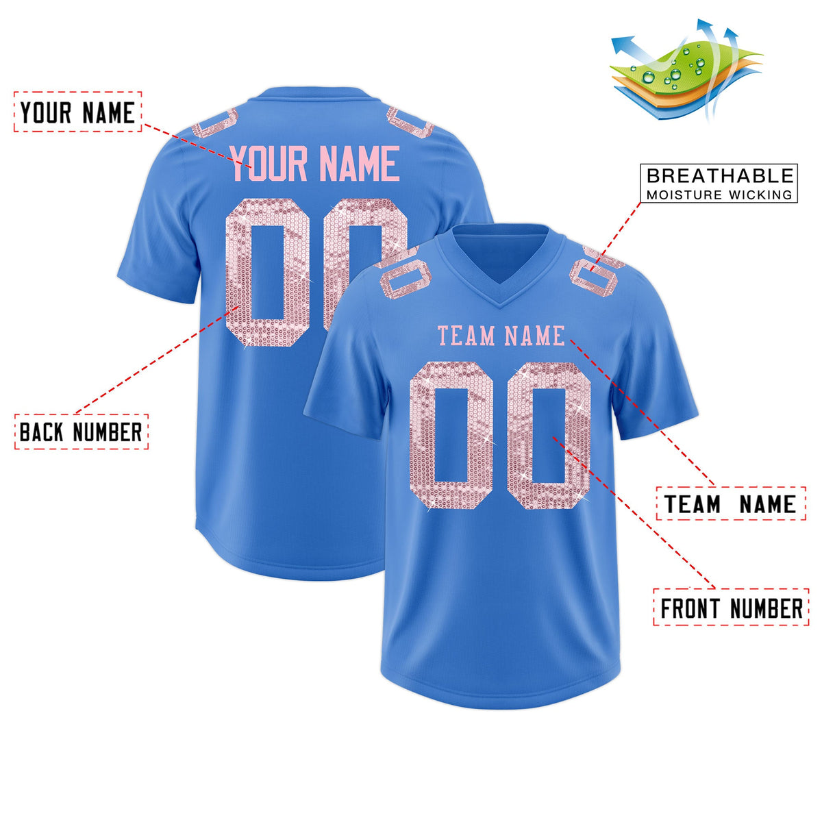 Custom Powder Blue Light Pink sequin lettering Breathable Football Jersey| KXKSHOP