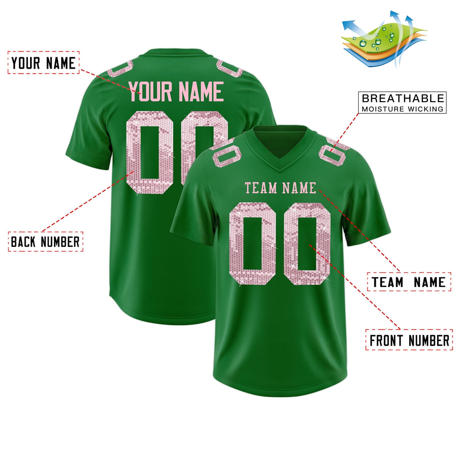 Custom Kelly Green Light Pink sequin lettering Moisture-Wicking Football Jersey| KXKSHOP