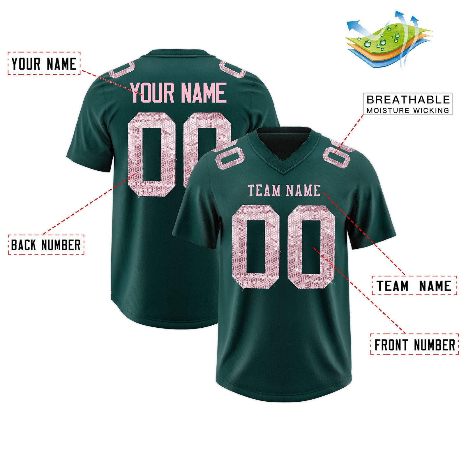 Custom Midnight Green Light Pink sequin lettering Breathable Football Jersey| KXKSHOP