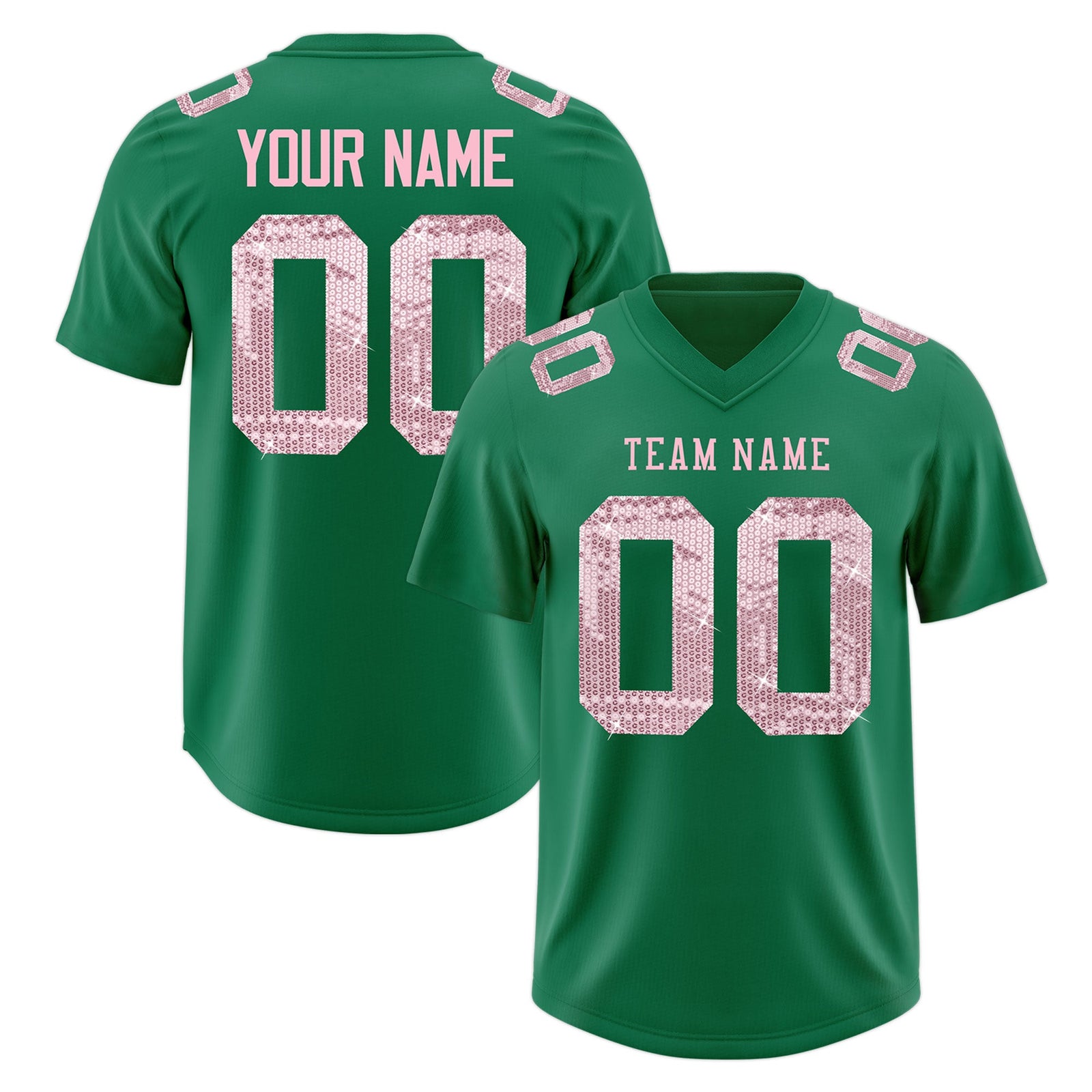 Custom Kelly Green Light Pink sequin lettering Stretch Fabric Football Jersey| KXKSHOP