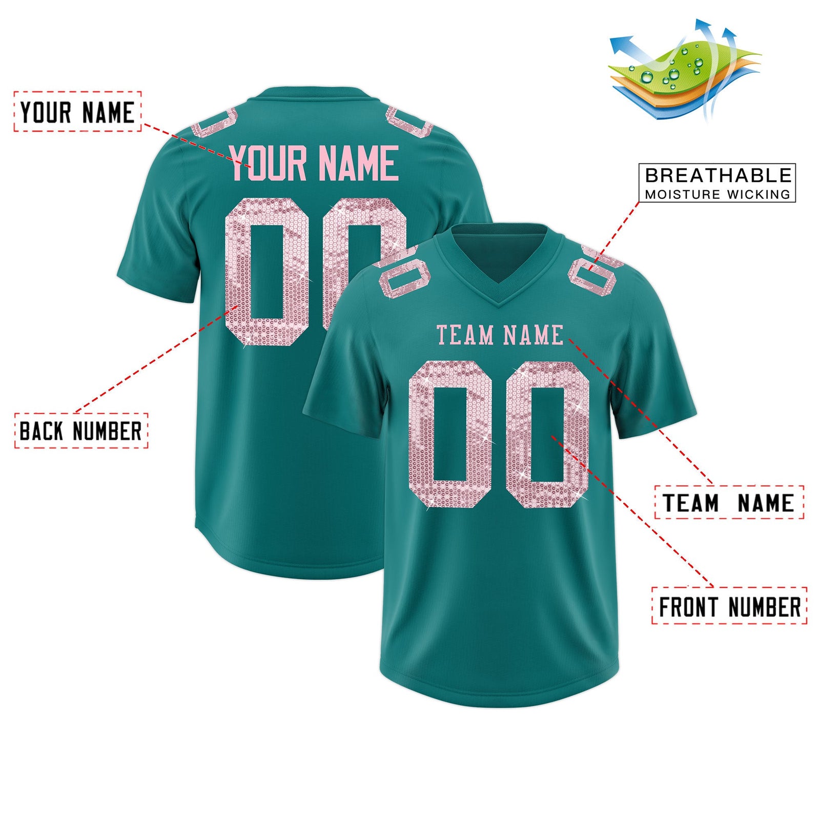 Custom Teal Light Pink sequin lettering Moisture-Wicking Football Jersey| KXKSHOP