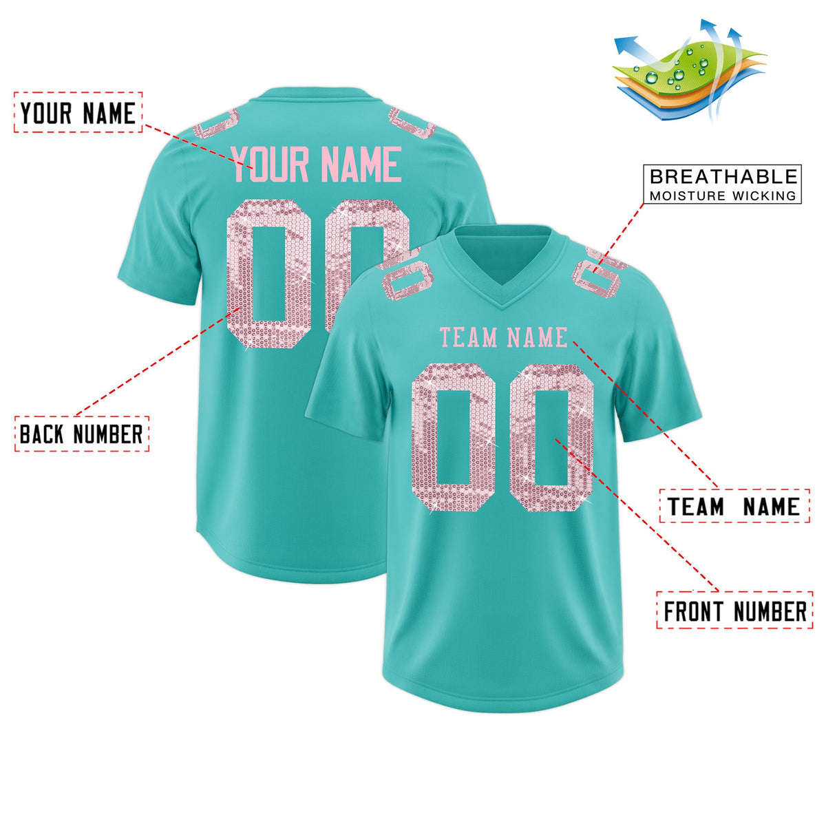 Custom Teal Light Pink sequin lettering Breathable Football Jersey| KXKSHOP