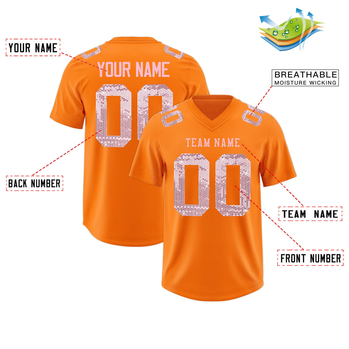 Custom Orange Light Pink sequin lettering Breathable Football Jersey| KXKSHOP