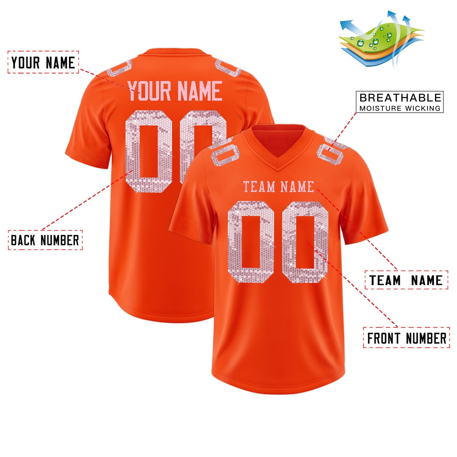 Custom Orange Light Pink sequin lettering Stretch Fabric Football Jersey| KXKSHOP