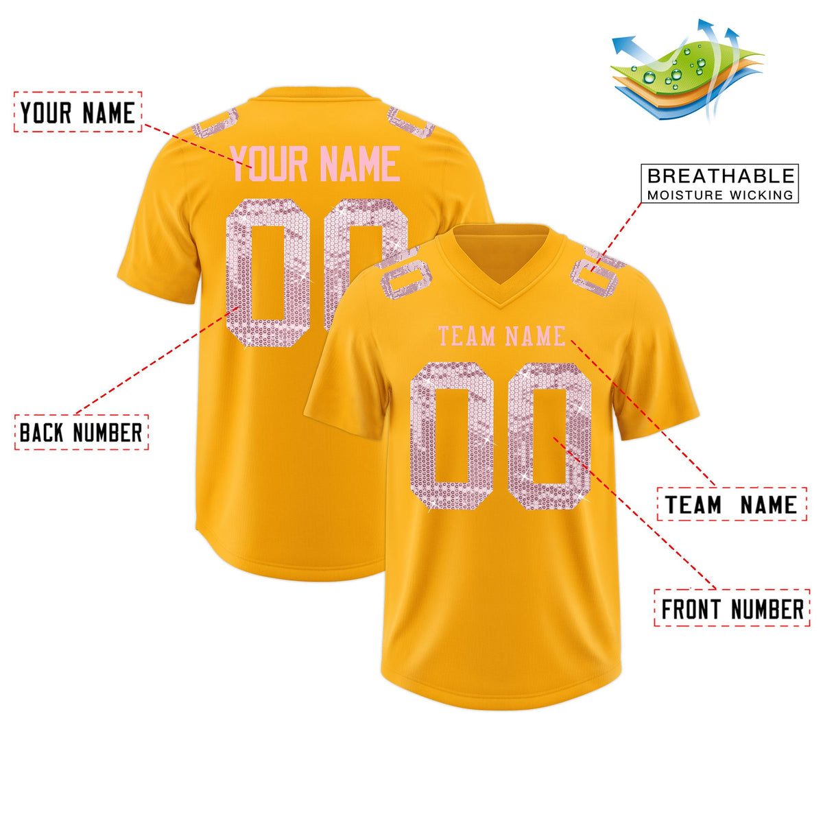 Custom Yellow Light Pink sequin lettering Stretch Fabric Football Jersey| KXKSHOP