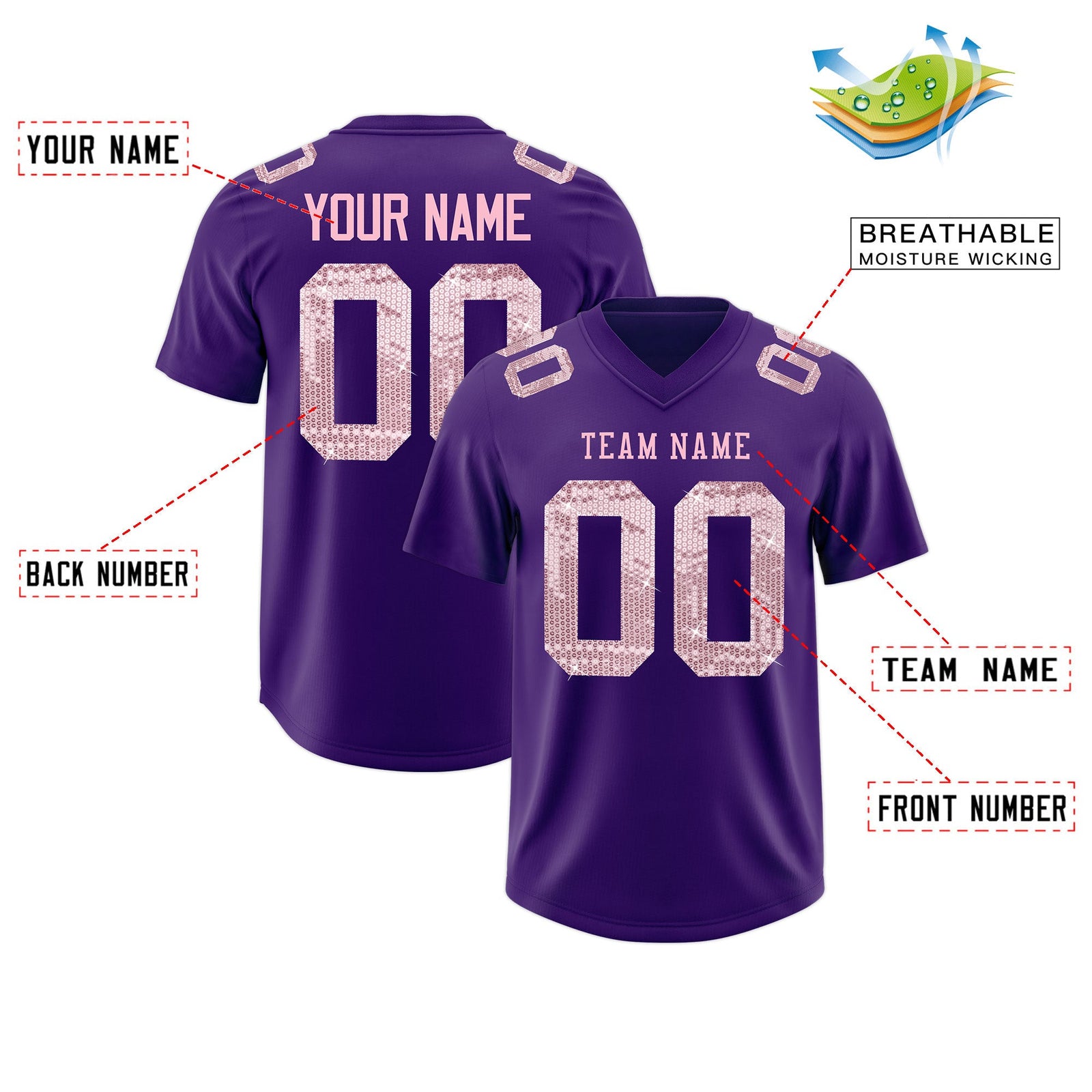 Custom Purple Light Pink sequin lettering Moisture-Wicking Football Jersey| KXKSHOP