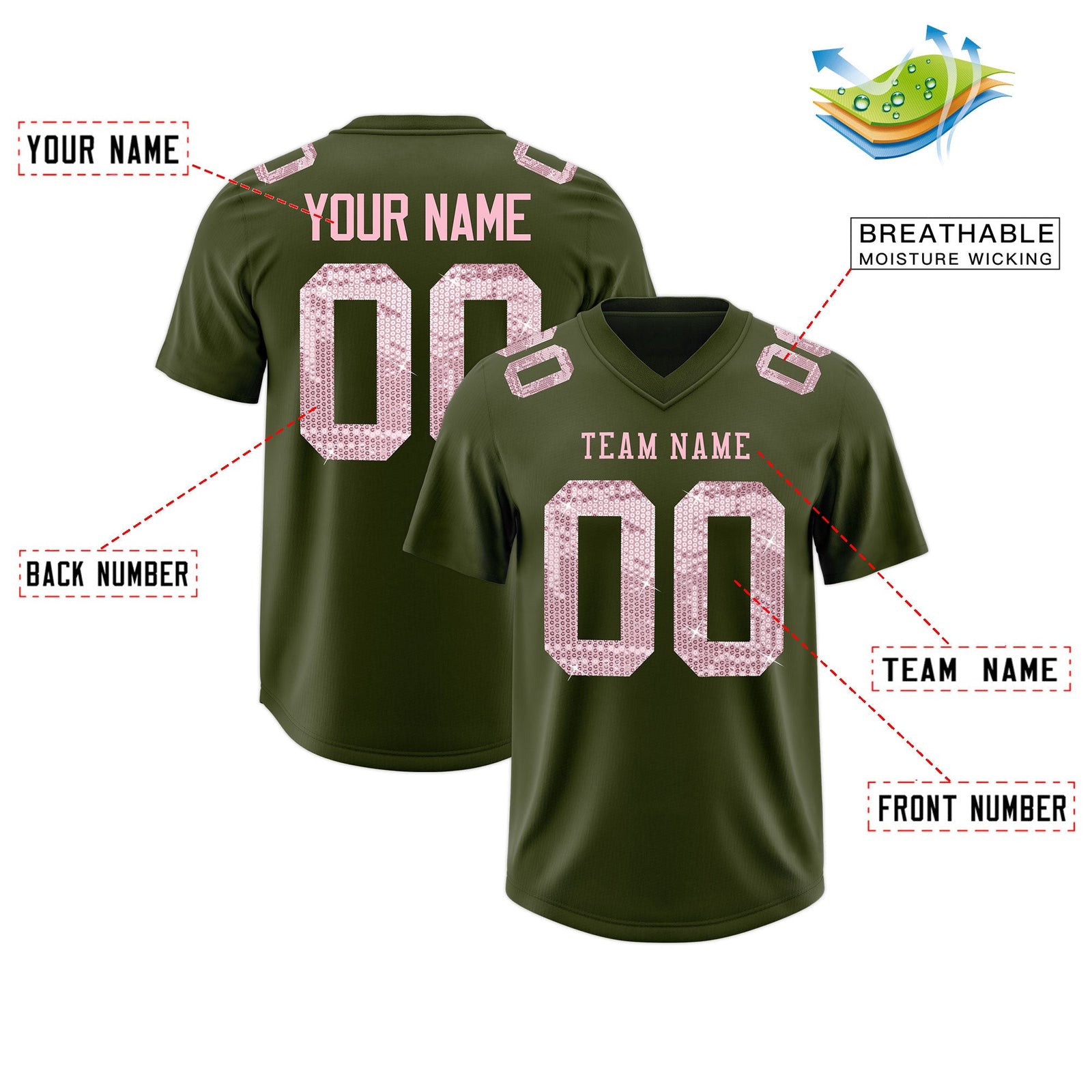 Custom Olive Light Pink sequin lettering Stretch Fabric Football Jersey| KXKSHOP
