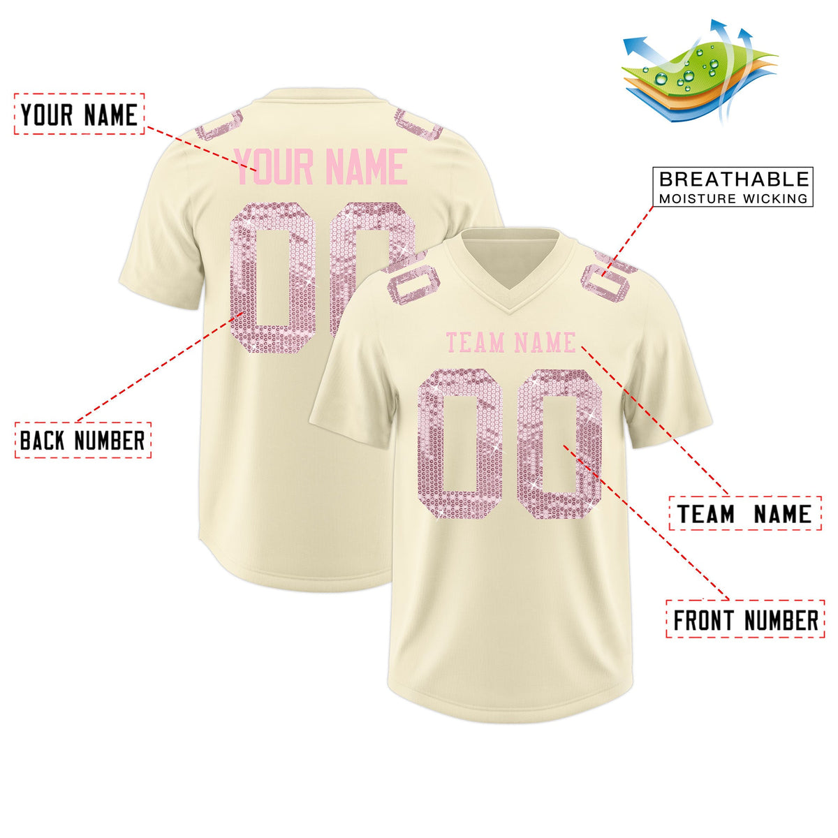 Custom Cream Light Pink sequin lettering Moisture-Wicking Football Jersey| KXKSHOP