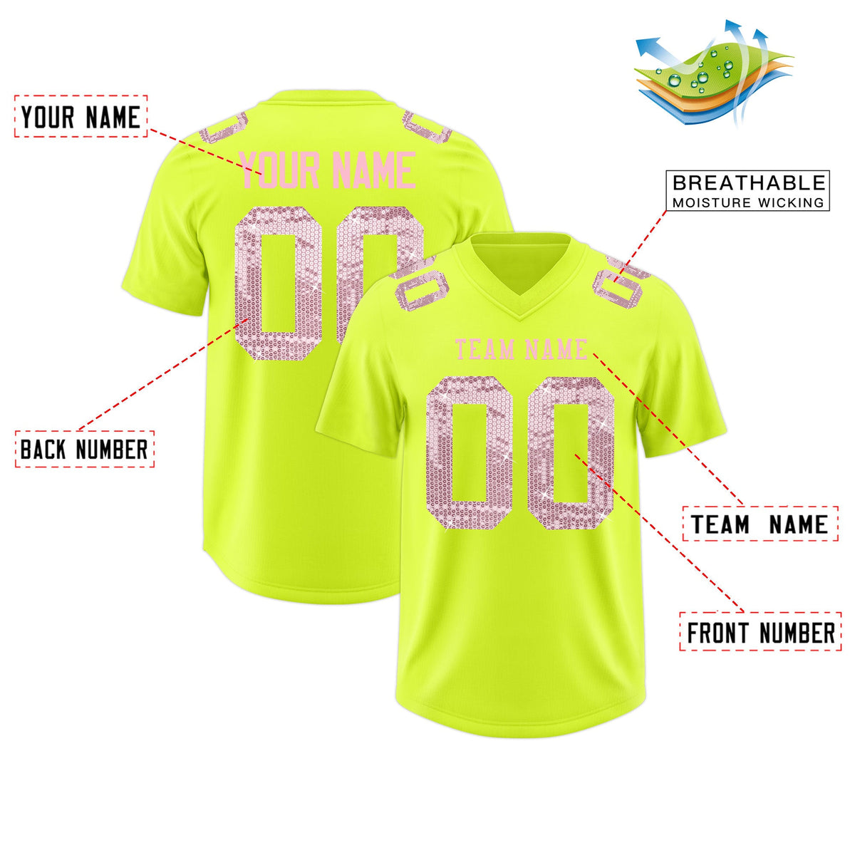 Custom Fluorescent Green Light Pink sequin lettering Stretch Fabric Football Jersey| KXKSHOP