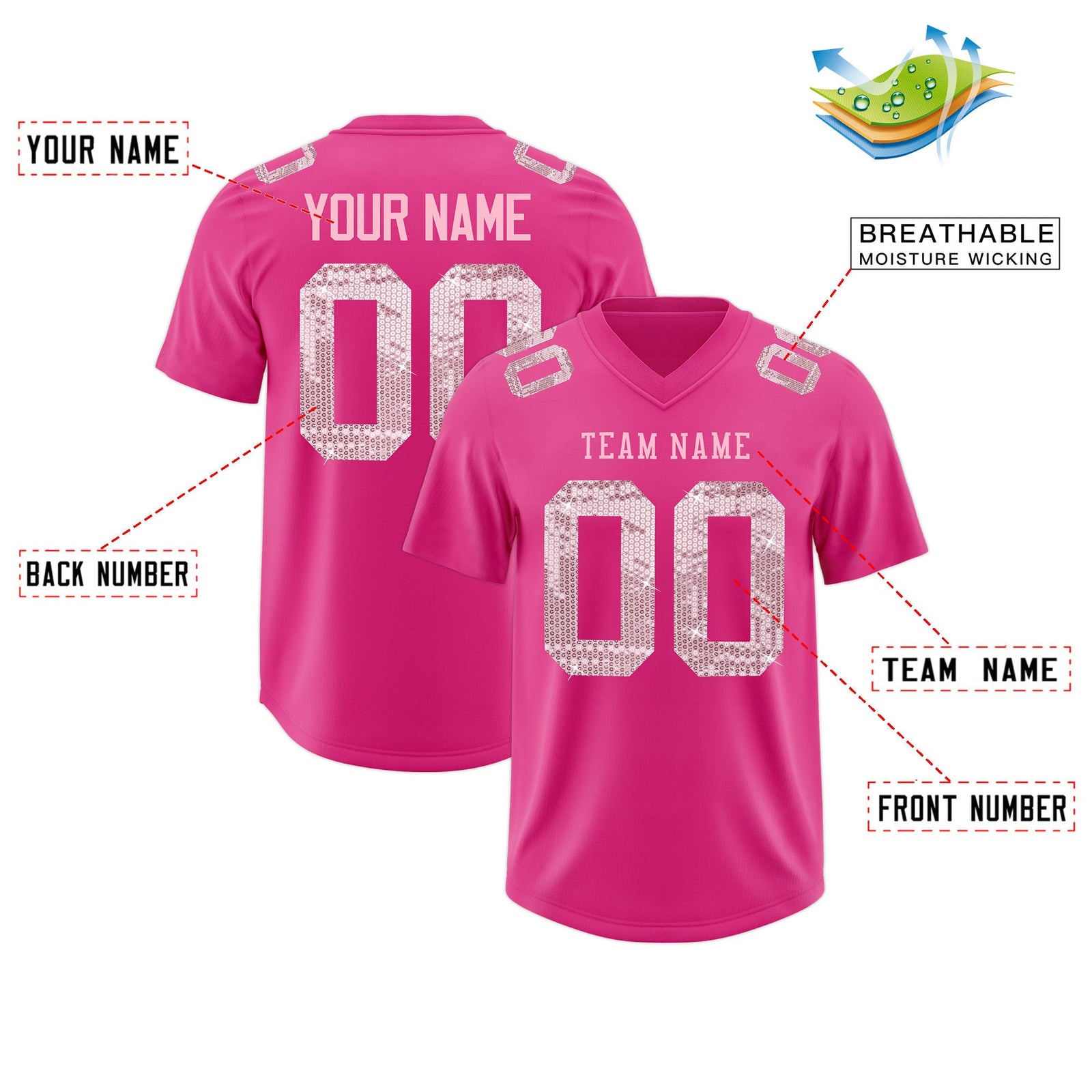 Custom Rose Red Light Pink sequin lettering Breathable Football Jersey| KXKSHOP