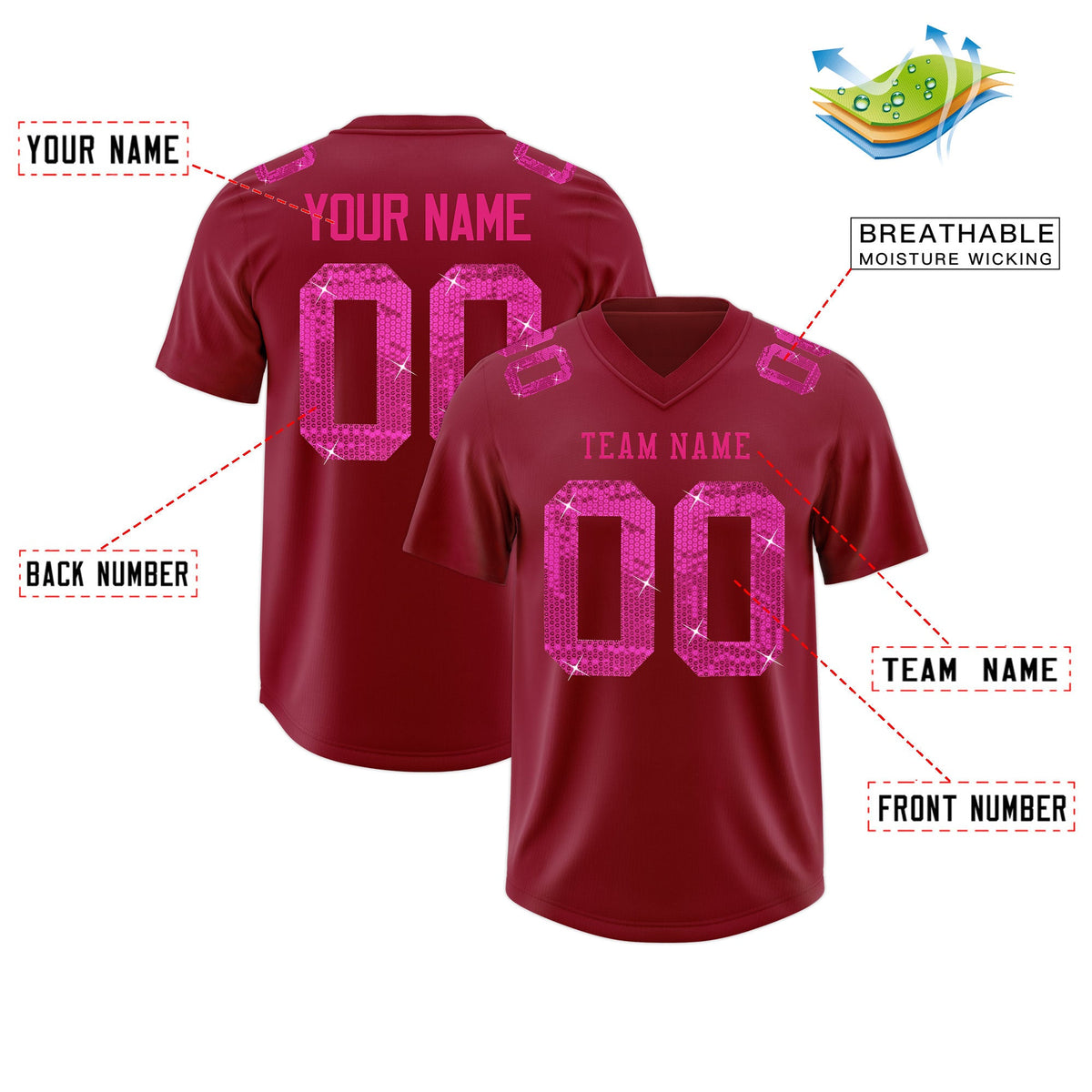 Custom Crimson Pink sequin lettering Breathable Football Jersey| KXKSHOP