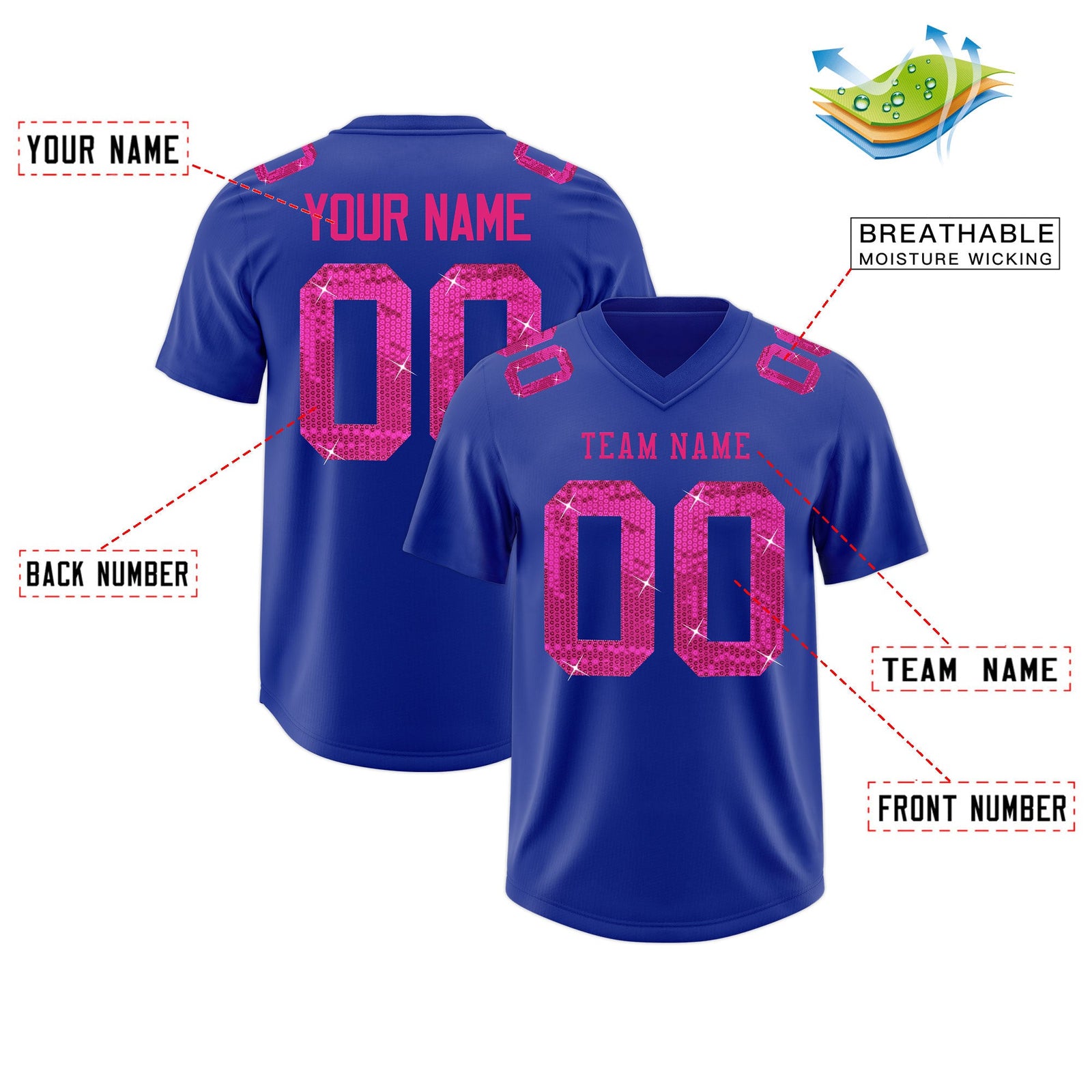 Custom Royal Blue Pink sequin lettering Breathable Football Jersey| KXKSHOP
