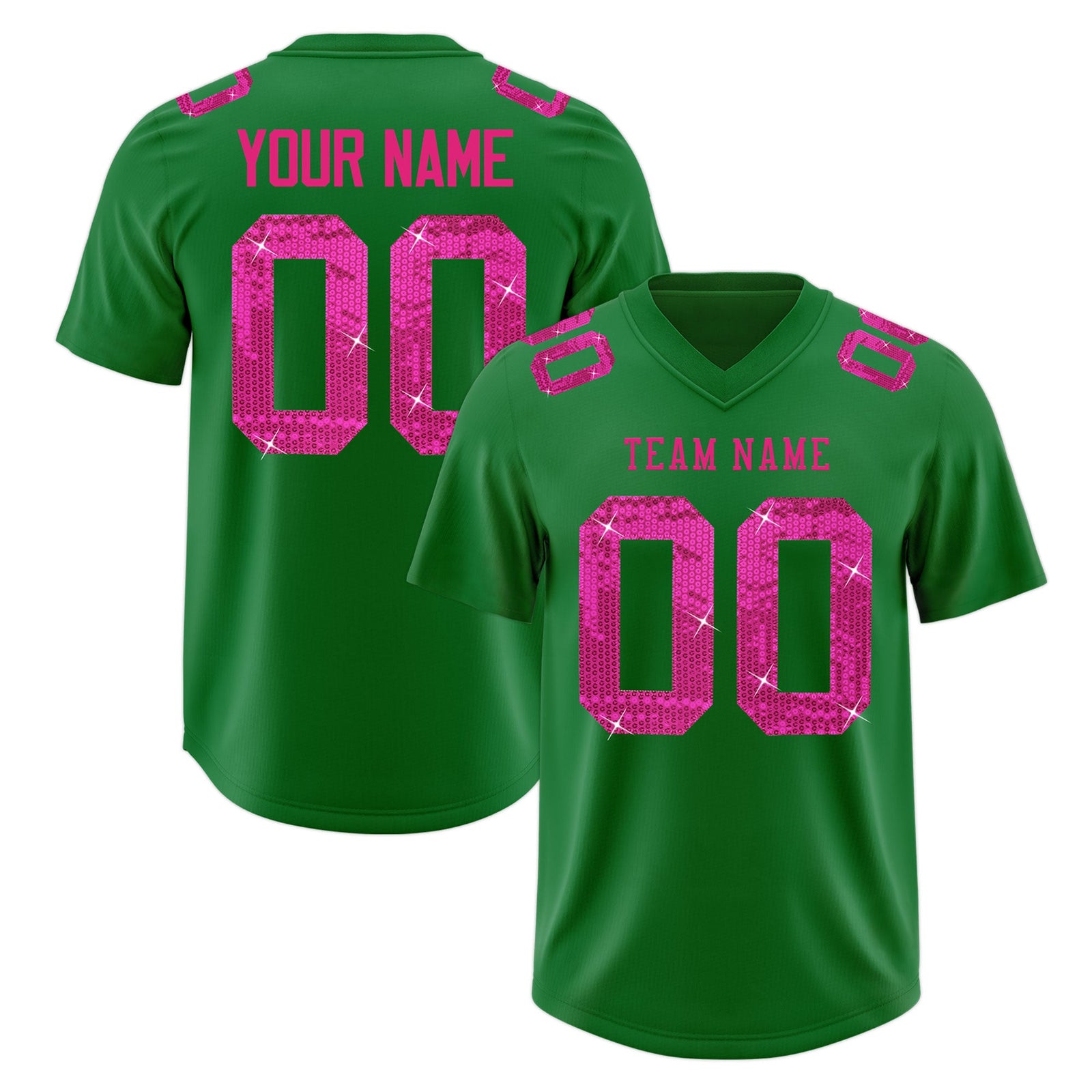 Custom Kelly Green Pink sequin lettering Stretch Fabric Football Jersey| KXKSHOP