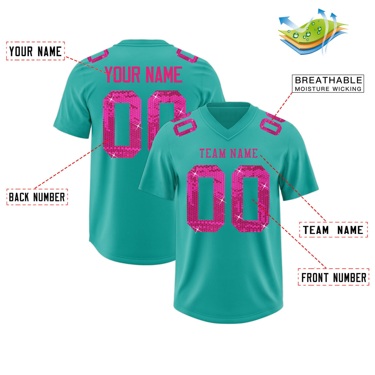 Custom Aqua Pink sequin lettering Breathable Football Jersey| KXKSHOP
