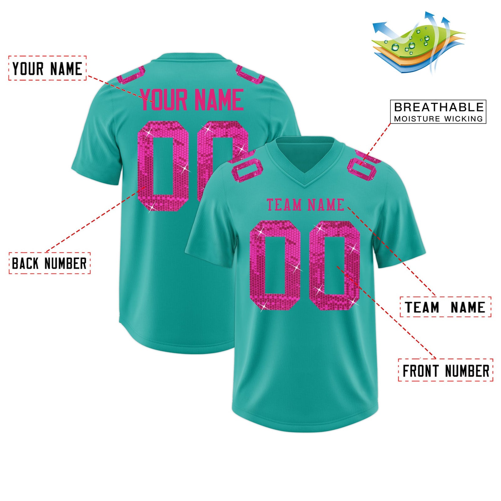 Custom Aqua Pink sequin lettering Breathable Football Jersey| KXKSHOP