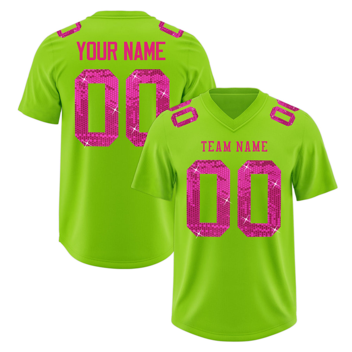 Custom Neon Green Pink sequin lettering Stretch Fabric Football Jersey| KXKSHOP