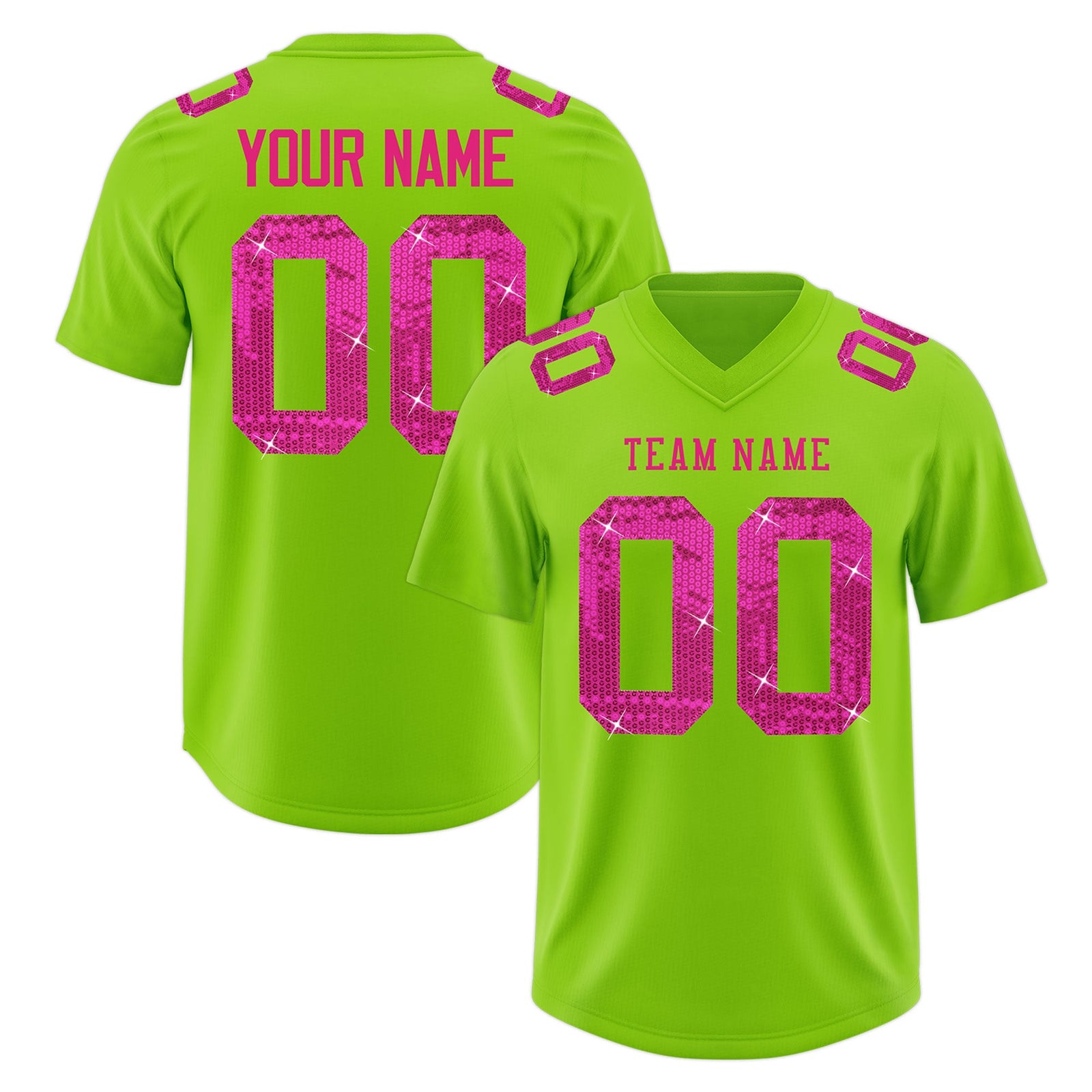 Custom Neon Green Pink sequin lettering Stretch Fabric Football Jersey| KXKSHOP