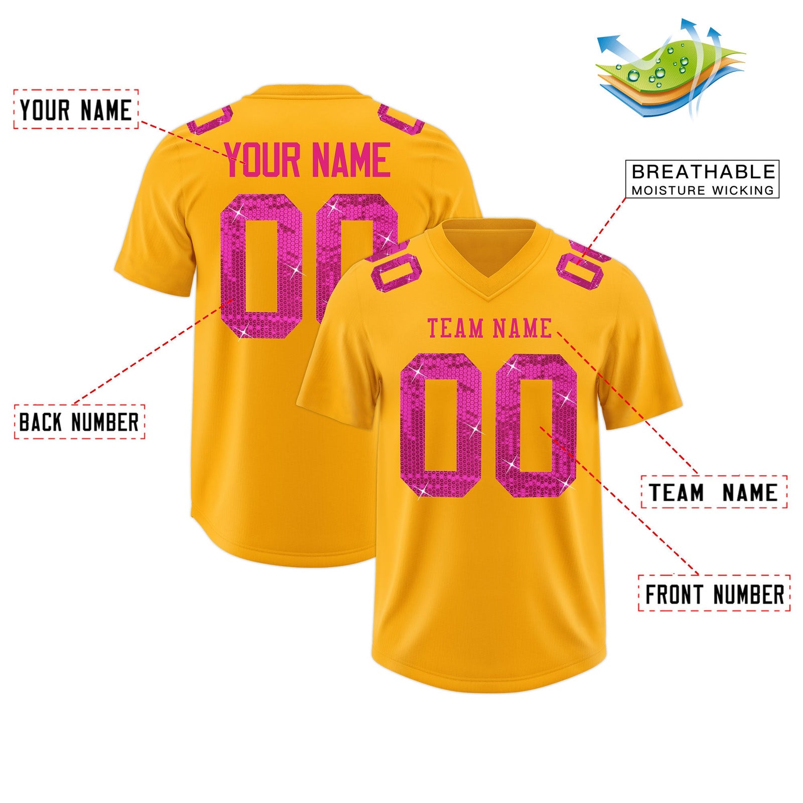 Custom Yellow Pink sequin lettering Moisture-Wicking Football Jersey| KXKSHOP
