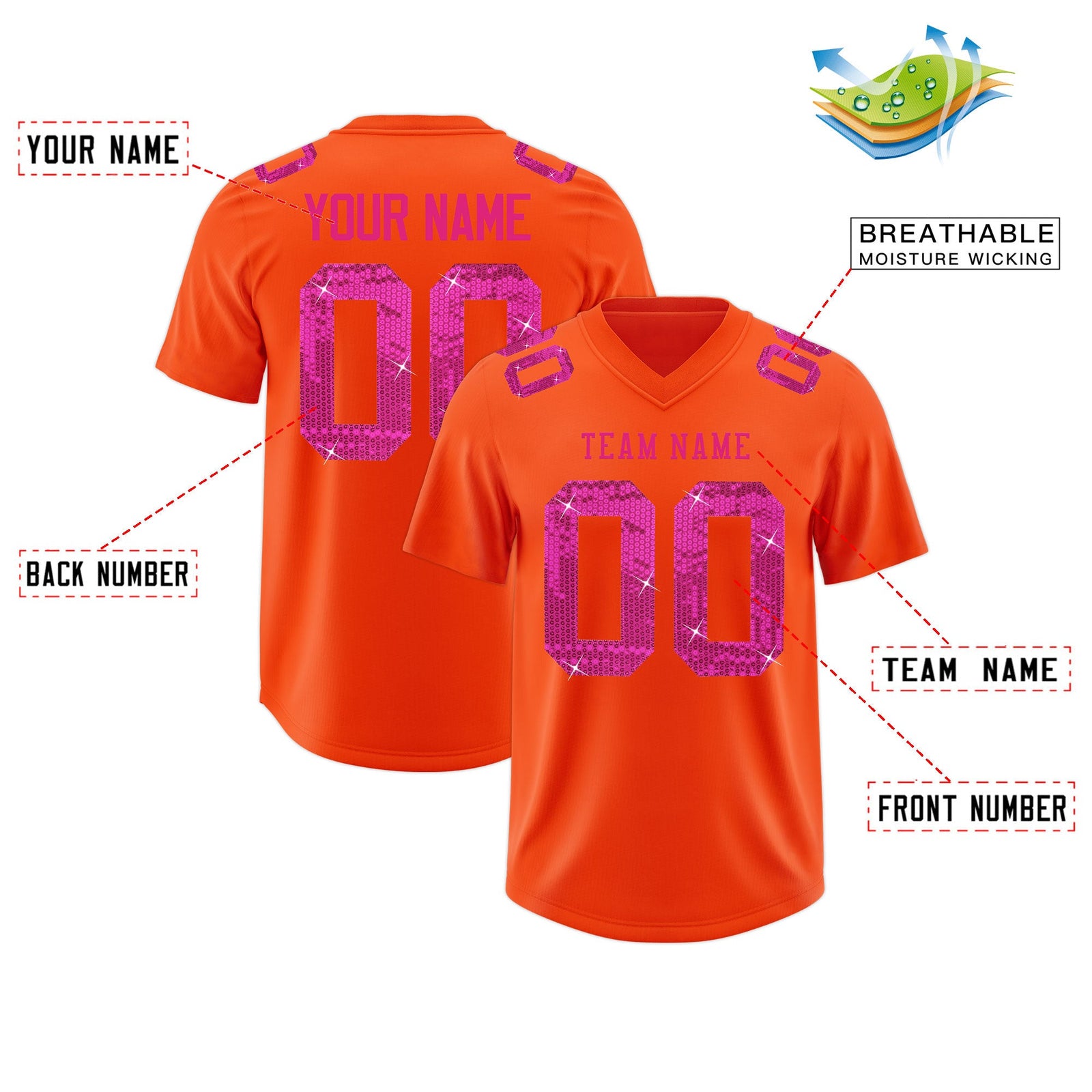Custom Orange Pink sequin lettering Stretch Fabric Football Jersey| KXKSHOP