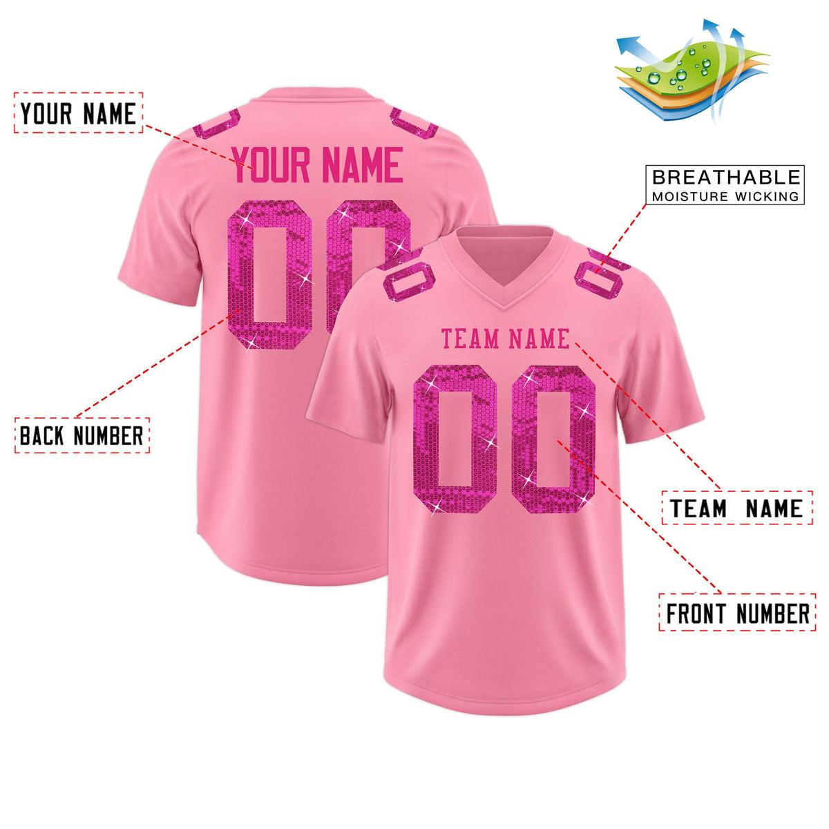 Custom Light Pink Pink sequin lettering Breathable Football Jersey| KXKSHOP