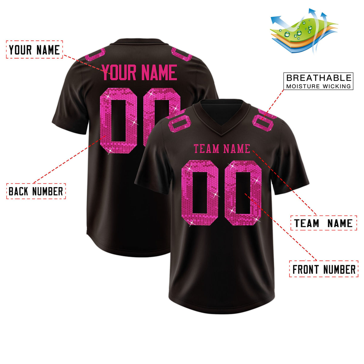 Custom Brown Pink sequin lettering Moisture-Wicking Football Jersey| KXKSHOP